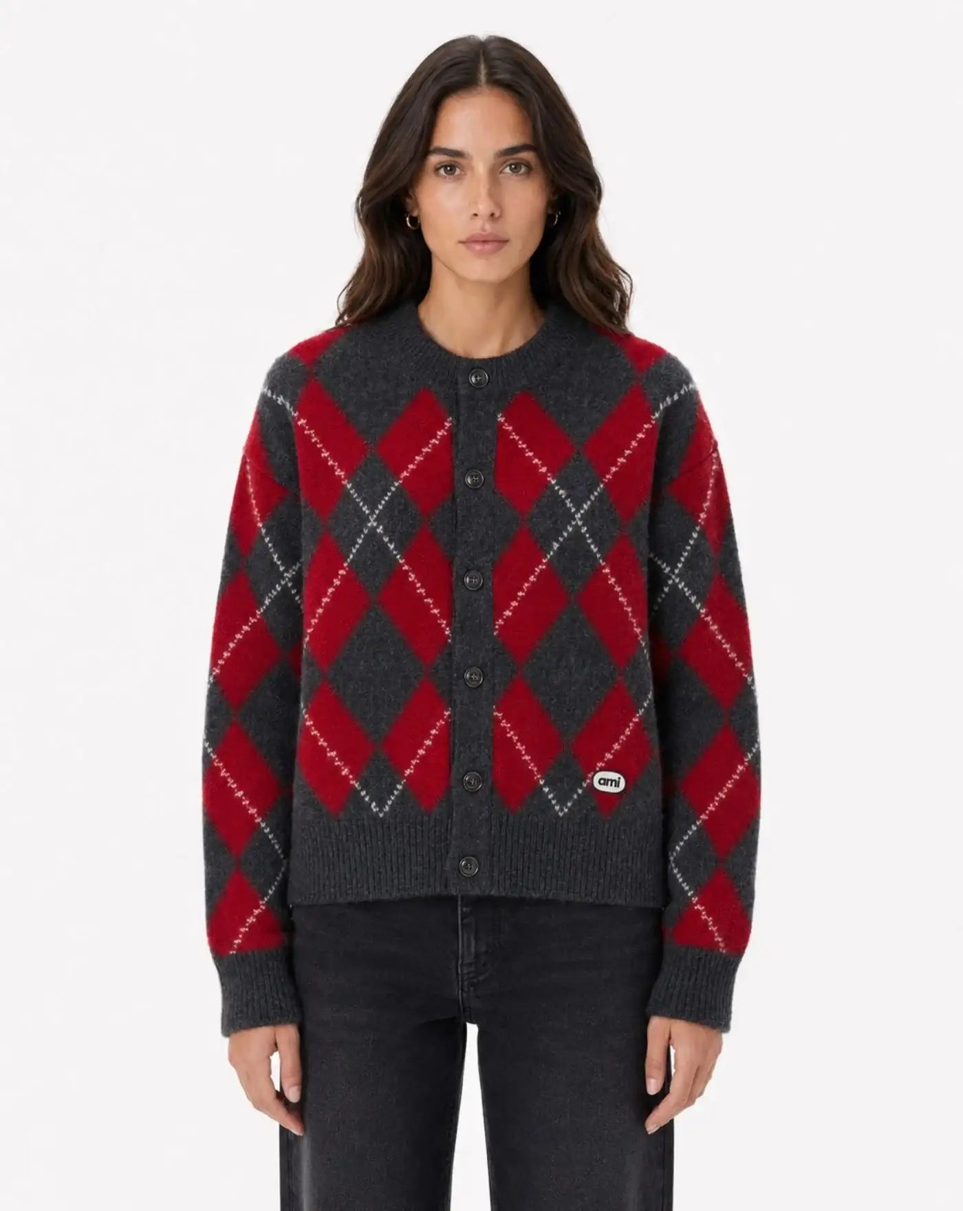 Chaqueta Ami Paris Crewneck Cardigan FKC400KN0202 A353 CARBON GREY/RUBY AMI PARIS