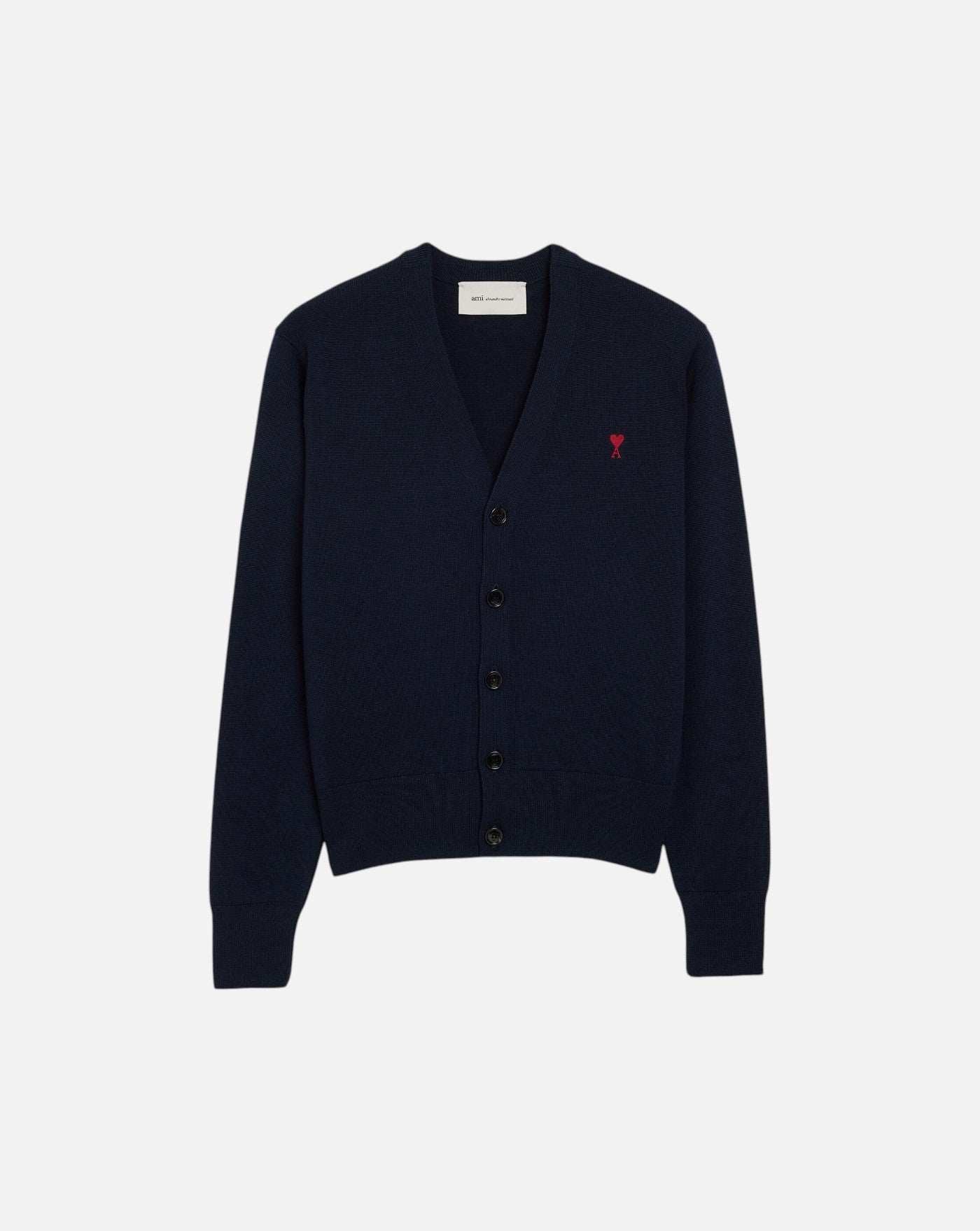 Jersey Ami Paris V Neck Cardigan with Ami de Coeur HKC361 001 414 NAVY/RED AMI PARIS