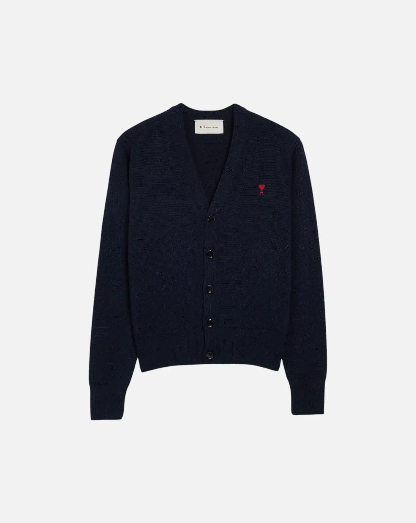 Jersey Ami Paris V Neck Cardigan with Ami de Coeur HKC361 001 414 NAVY/RED AMI PARIS
