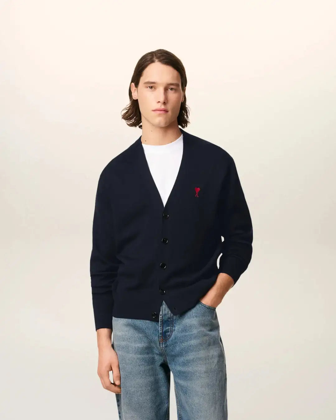 Jersey Ami Paris V Neck Cardigan with Ami de Coeur HKC361 001 414 NAVY/RED AMI PARIS
