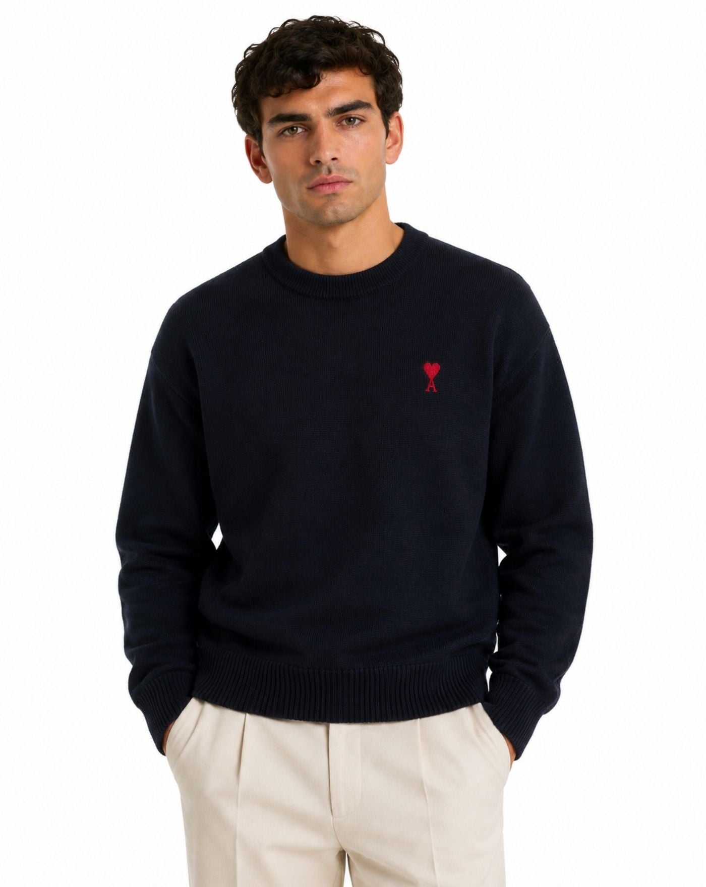 Jersey Ami Paris Quota Crewneck Sweater with Ami de Coeur HKS826 001 414 NAVY/RED AMI PARIS