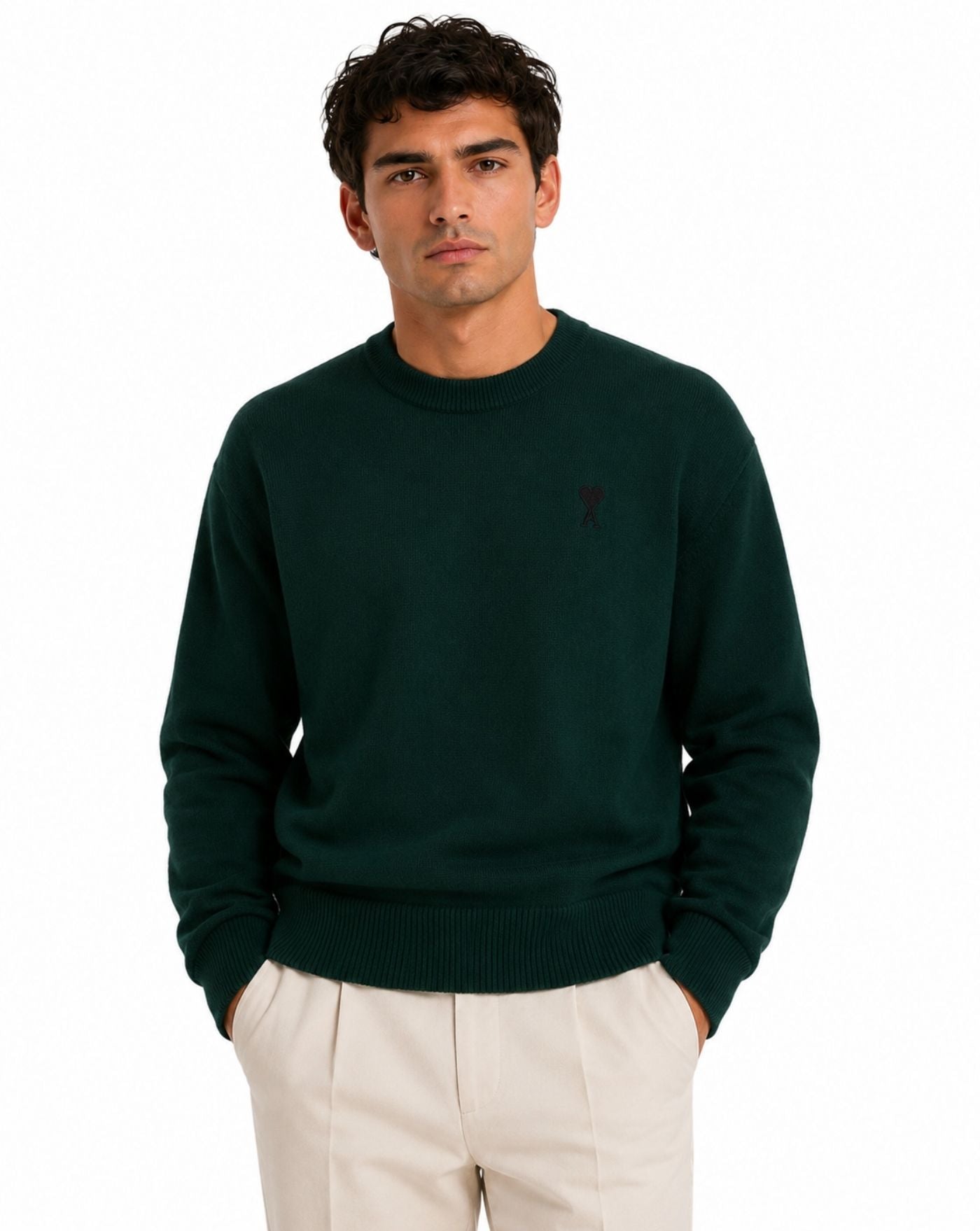 Jersey Ami Paris Quota Crewneck Sweater with Ami de Coeur HKS826 001 A258 BOTTLE GREEN/BLACK AMI PARIS
