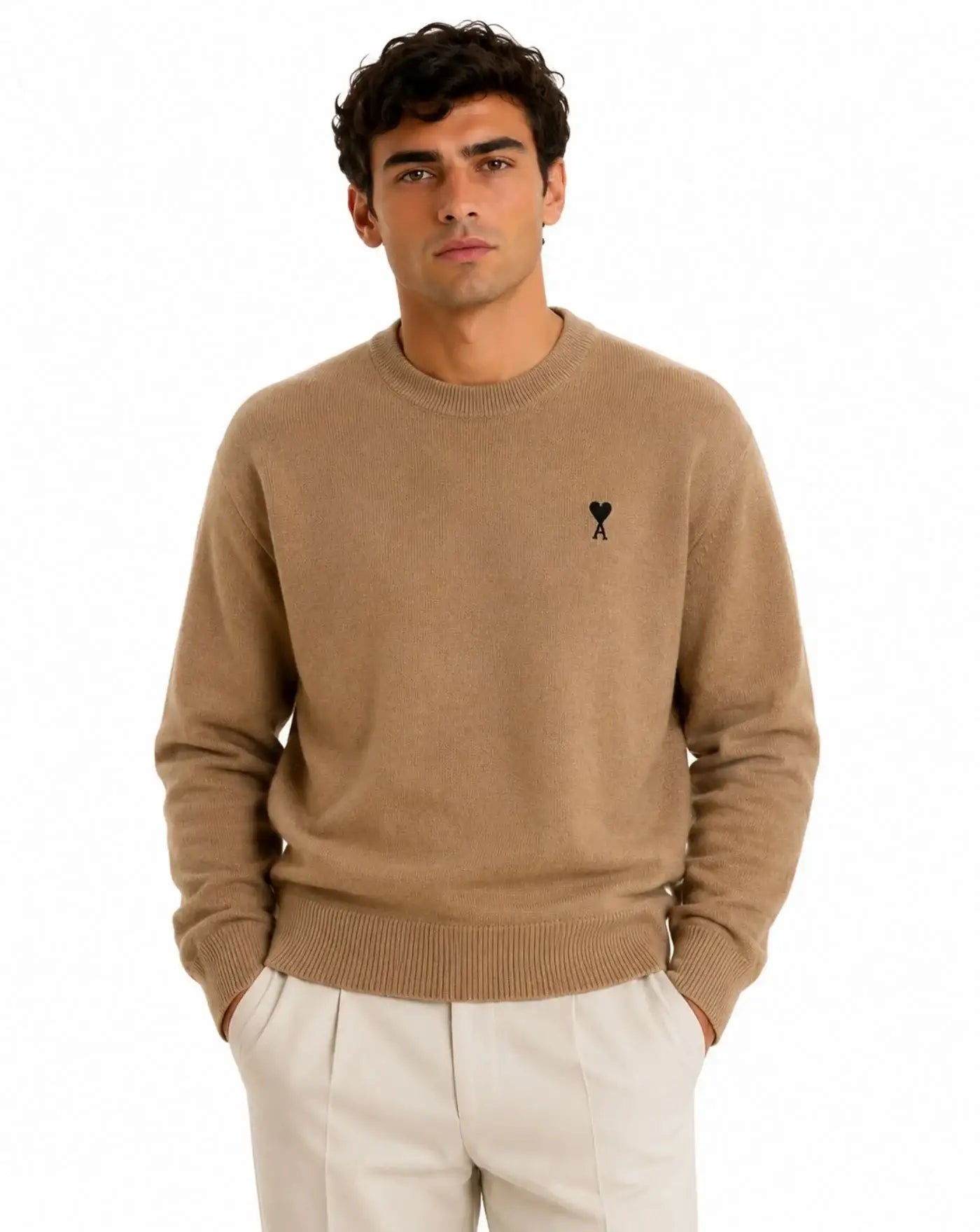 Jersey Ami Paris Quota Crewneck Sweater with Ami de Coeur HKS826 001 A335 HEATHER CAMEL/BLACK AMI PARIS