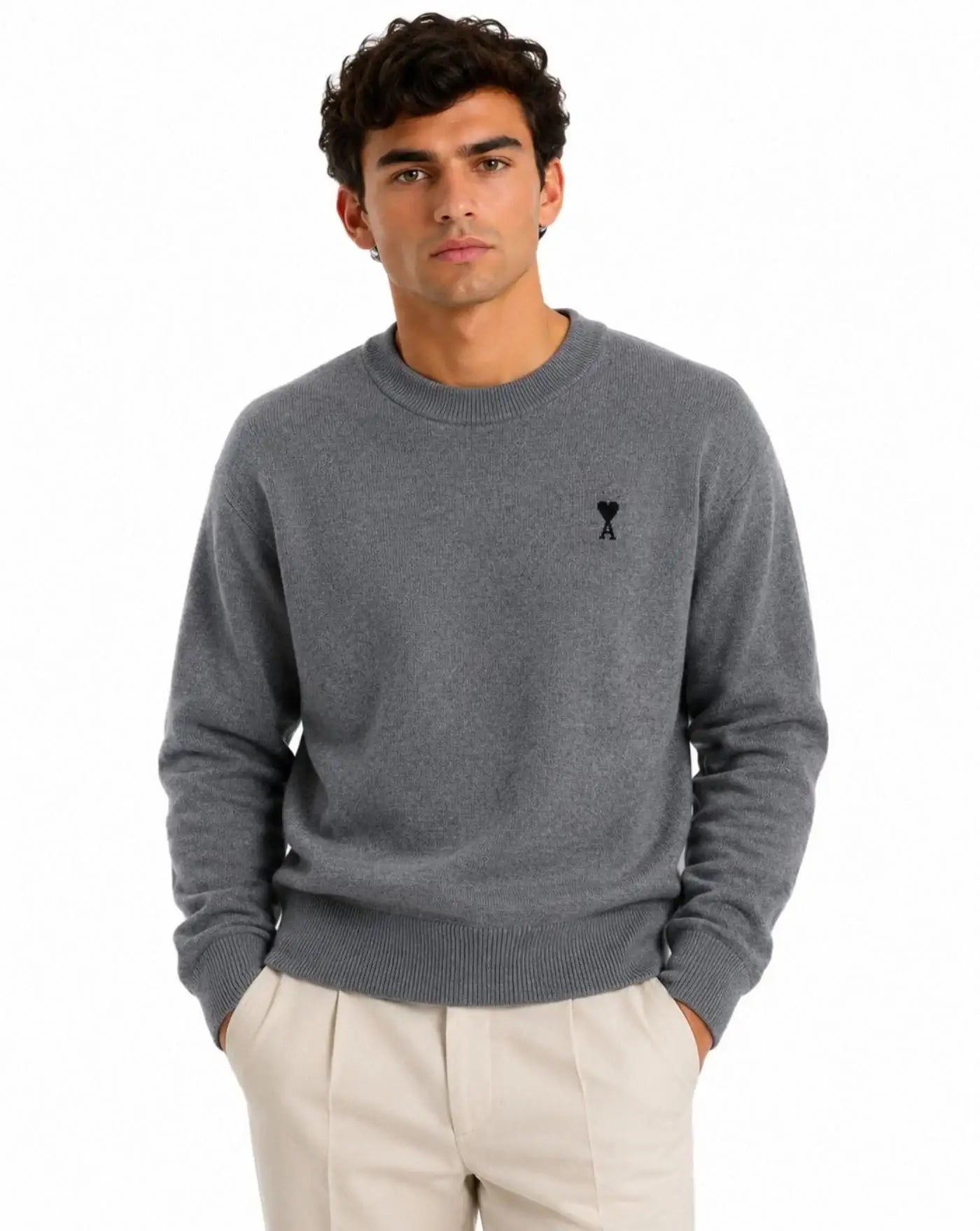Jersey Ami Paris Quota Crewneck Sweater with Ami de Coeur HKS826 001 A336 HEATHER ASH GREY/BLACK AMI PARIS