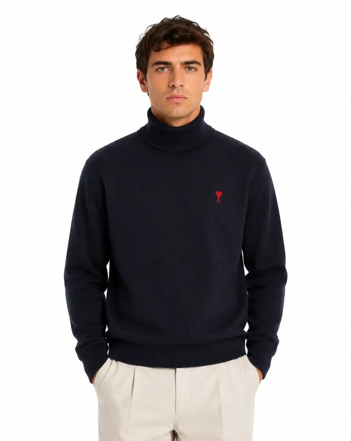 Jersey Ami Paris Quota Turtle Neck Sweater HKS827 001 414 NAVY/RED AMI PARIS