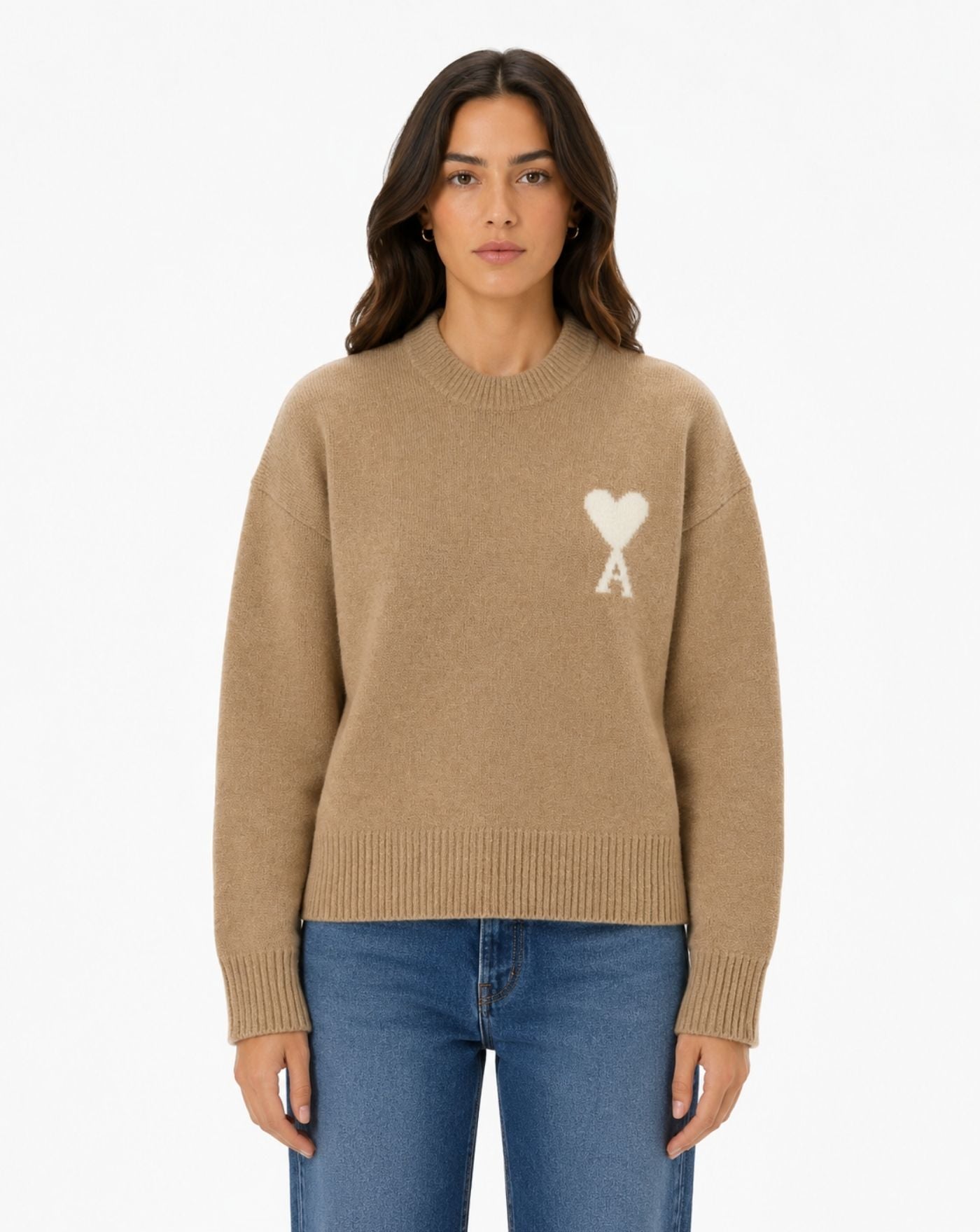 Jersey Ami Paris Crewneck Quota Sweater UKS836KN0135W A278 BEIGE MASTIC/OFF WHITE AMI PARIS