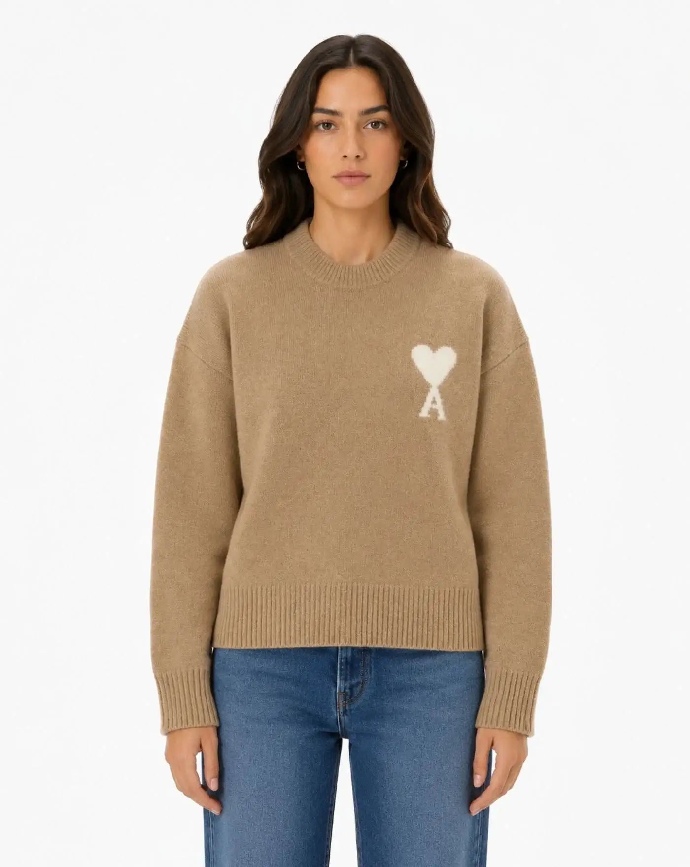 Jersey Ami Paris Crewneck Quota Sweater UKS836KN0135W A278 BEIGE MASTIC/OFF WHITE AMI PARIS