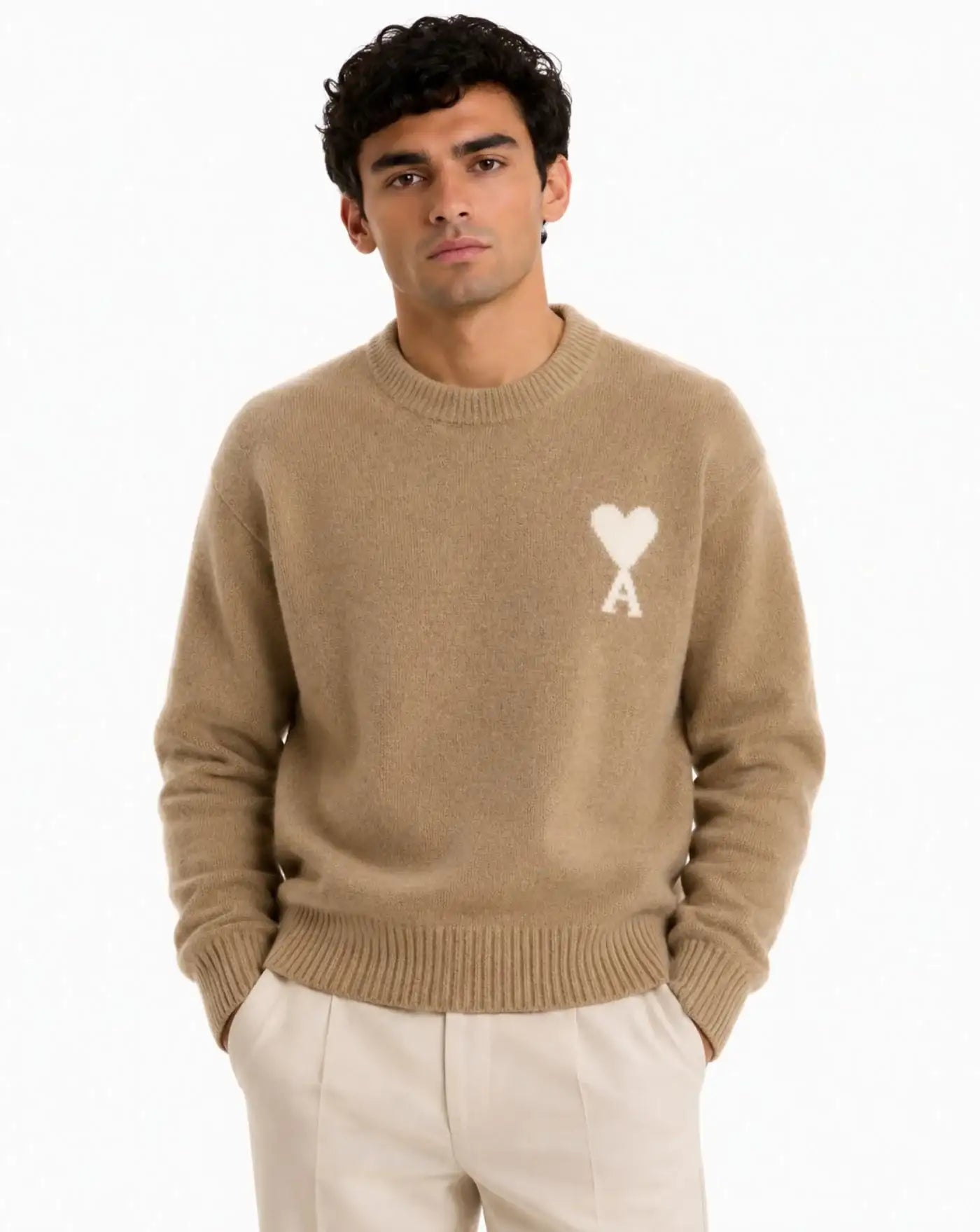 Jersey Ami Paris Quota Crewneck Sweater with Ami de Coeur UKS836 KN0135 A278 BEIGE MASTIC/OFF WHITE AMI PARIS