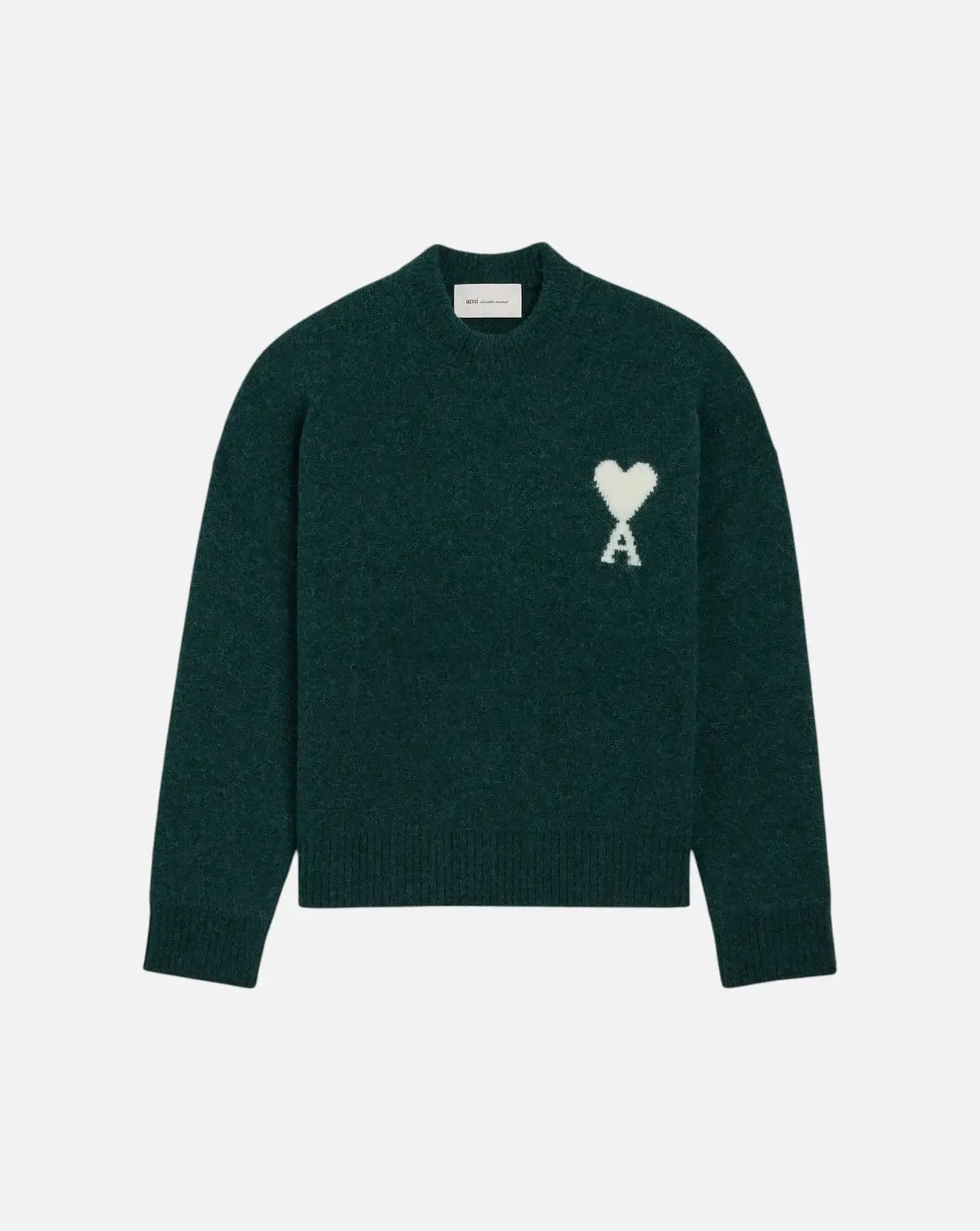 Jersey Ami Paris Quota Crewneck Sweater with Ami de Coeur UKS836 KN0135 A279 BOTTLE GREEN/OFF WHITE AMI PARIS