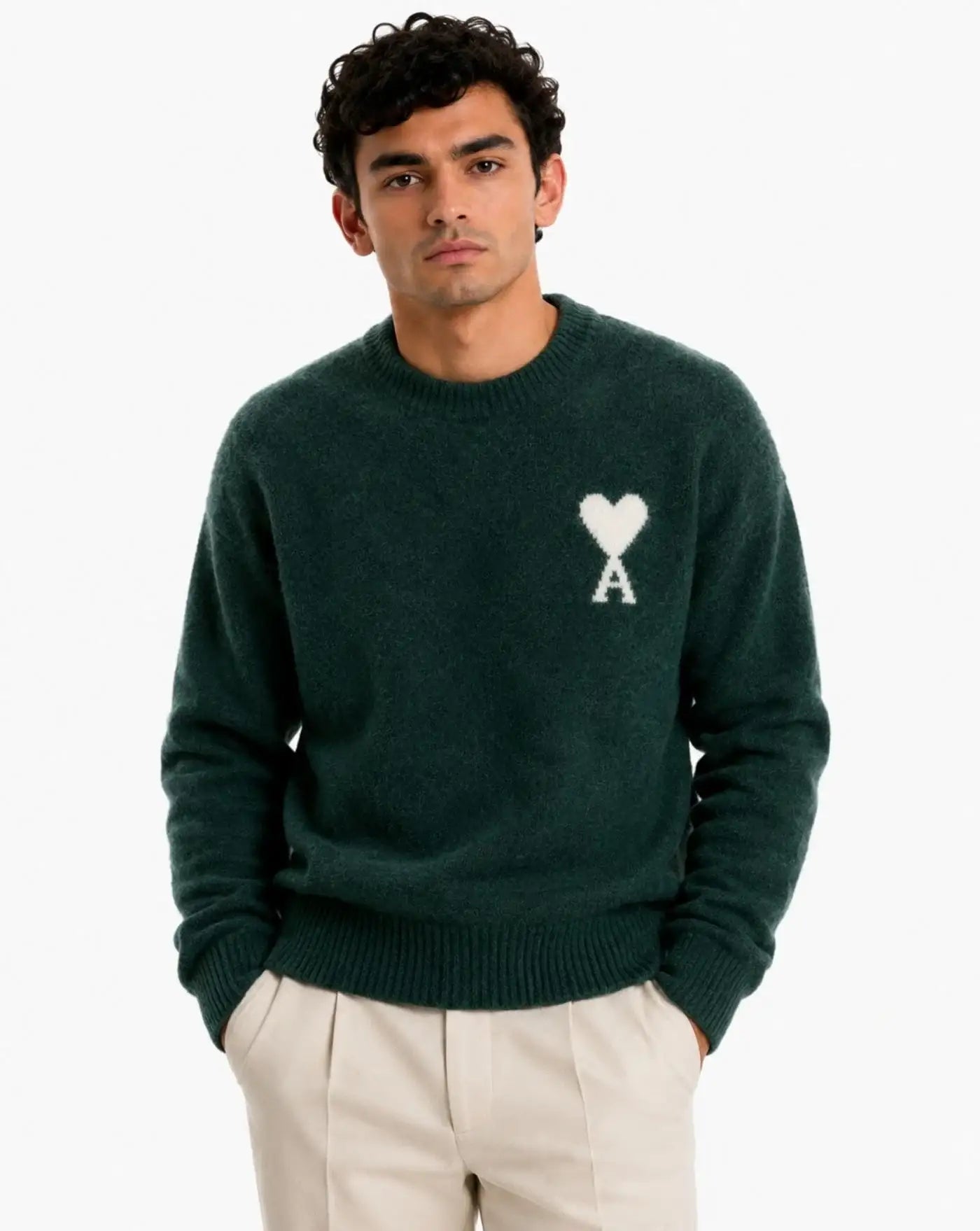 Jersey Ami Paris Quota Crewneck Sweater with Ami de Coeur UKS836 KN0135 A279 BOTTLE GREEN/OFF WHITE AMI PARIS