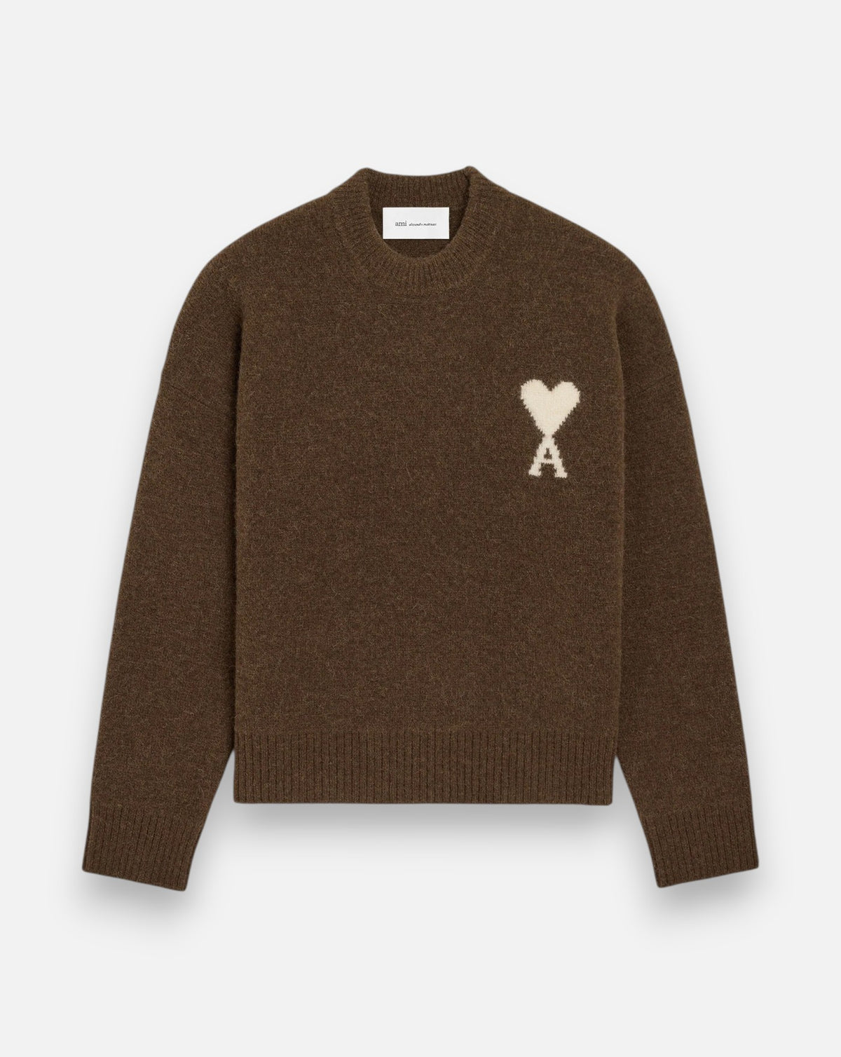 Jersey Ami Paris Quota Crewneck Sweater with Ami de Coeur UKS836 KN0135 A362 CHOCOLATE BROWN/OFF WHITE AMI PARIS