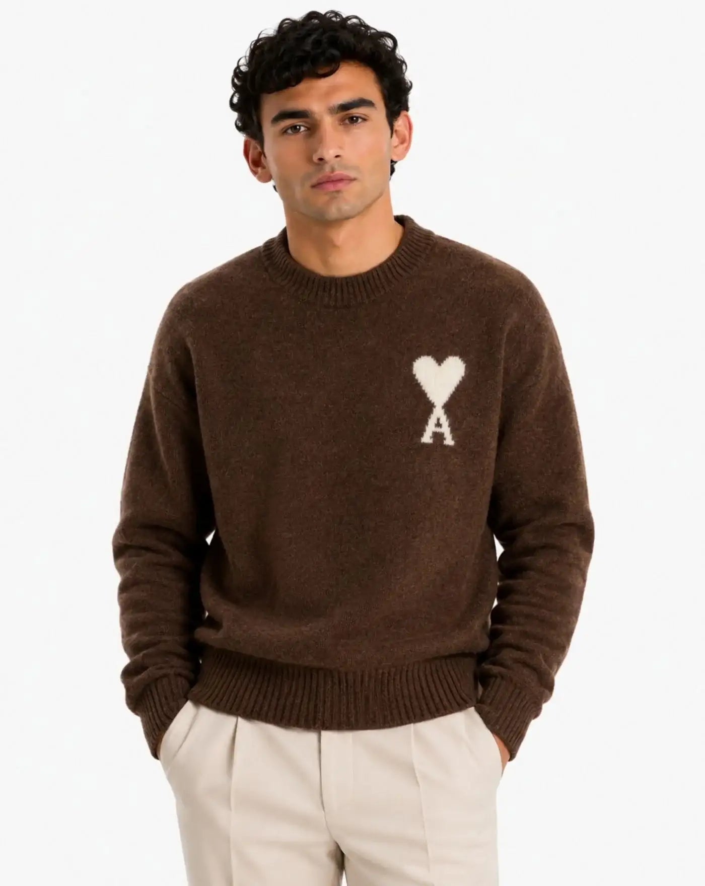 Jersey Ami Paris Quota Crewneck Sweater with Ami de Coeur UKS836 KN0135 A362 CHOCOLATE BROWN/OFF WHITE AMI PARIS