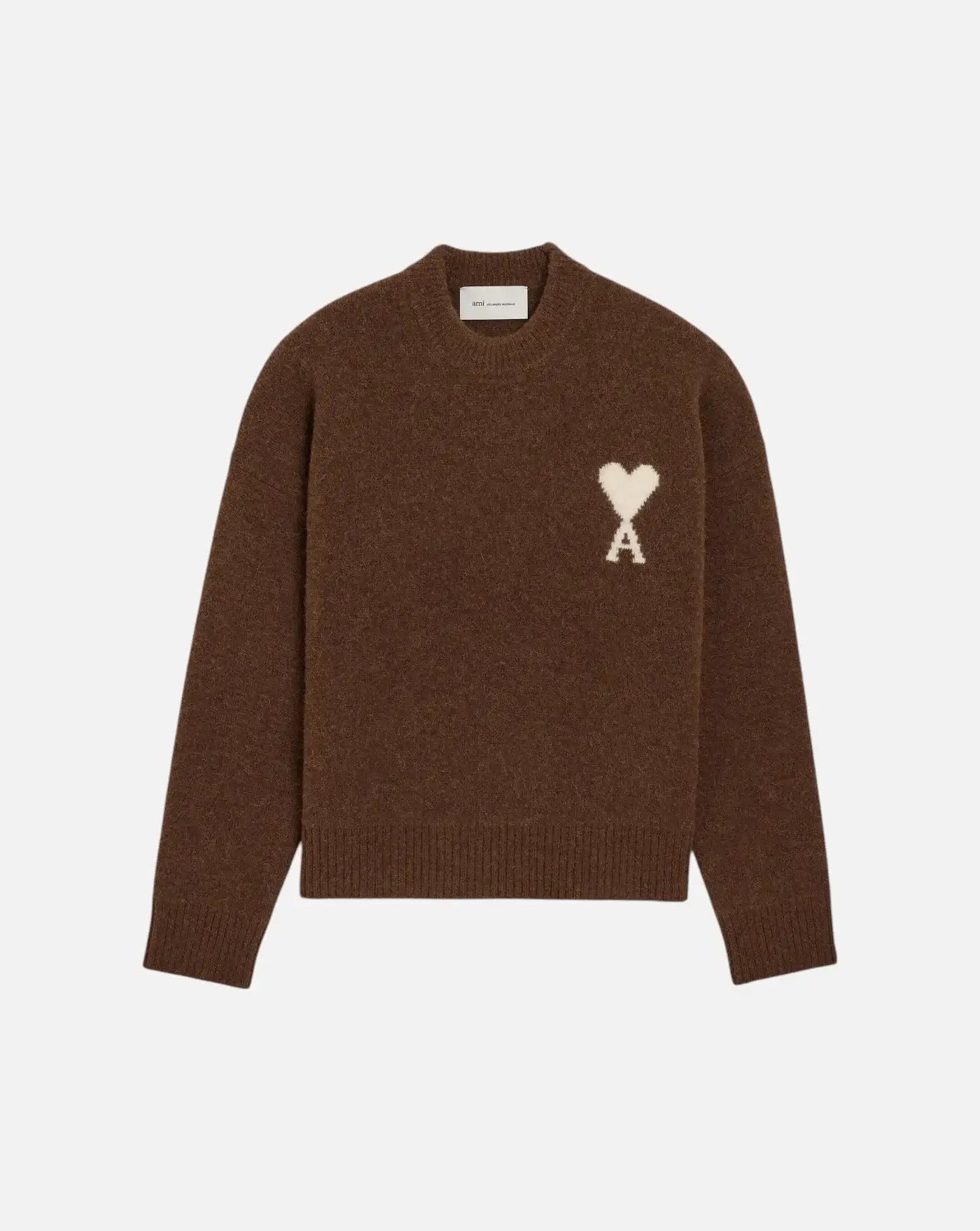 Jersey Ami Paris Quota Crewneck Sweater with Ami de Coeur UKS836 KN0135 A362 CHOCOLATE BROWN/OFF WHITE AMI PARIS