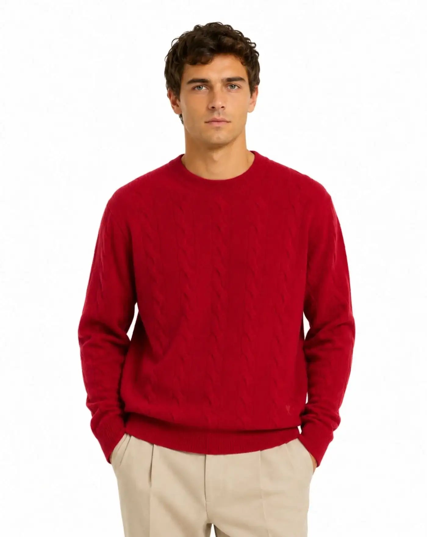 Jersey Ami Paris Crewneck Sweater with Tonal Ami de Coeur UKS880 KN0189 A186 RUBY RED AMI PARIS