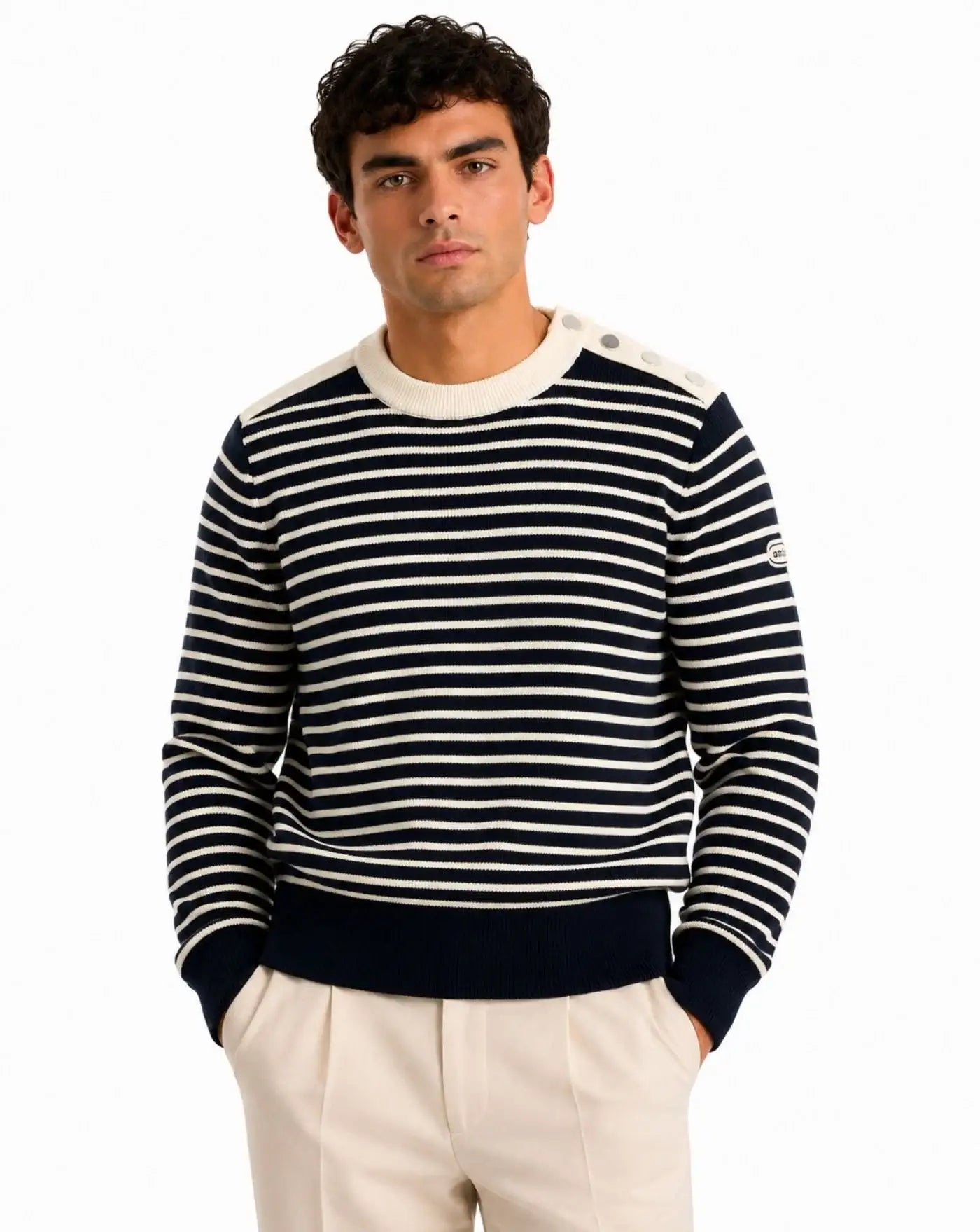 Jersey Ami Paris Striped Crewneck Sweater UKS891 KN0200 A319 NAVY/IVORY AMI PARIS