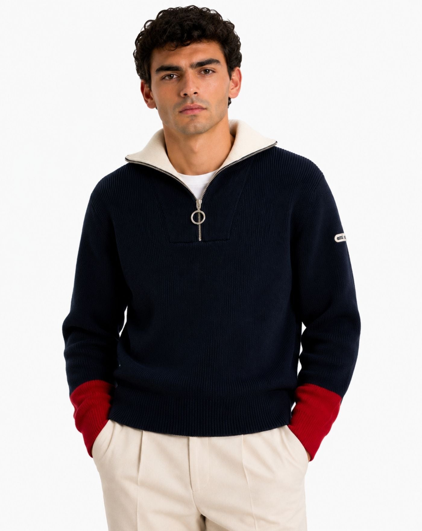Jersey Ami Paris Zipped Collar Sweater UKS901 KN0199 410 NAVY AMI PARIS