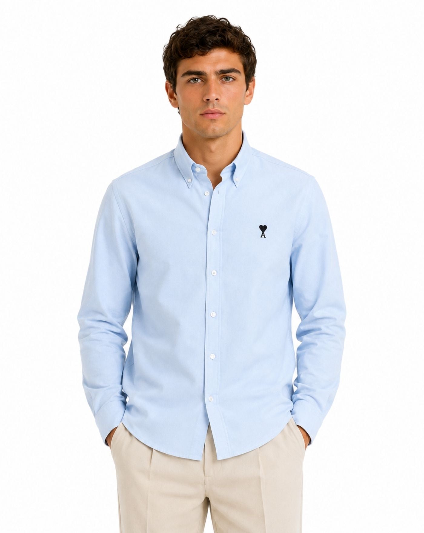 Camisa Ami Paris Quota Contrasted Ami de Coeur Button Down Collar Classic Fit USH878 CO0031 450 SKY BLUE AMI PARIS
