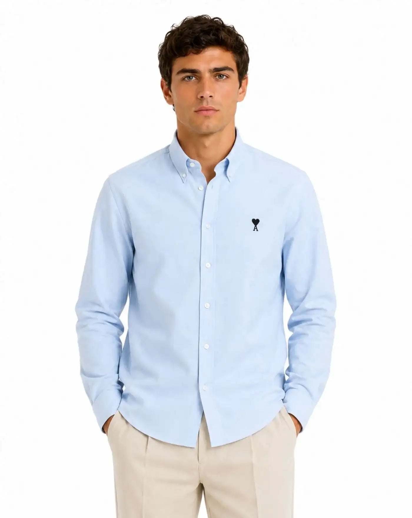 Camisa Ami Paris Quota Contrasted Ami de Coeur Button Down Collar Classic Fit USH878 CO0031 450 SKY BLUE AMI PARIS