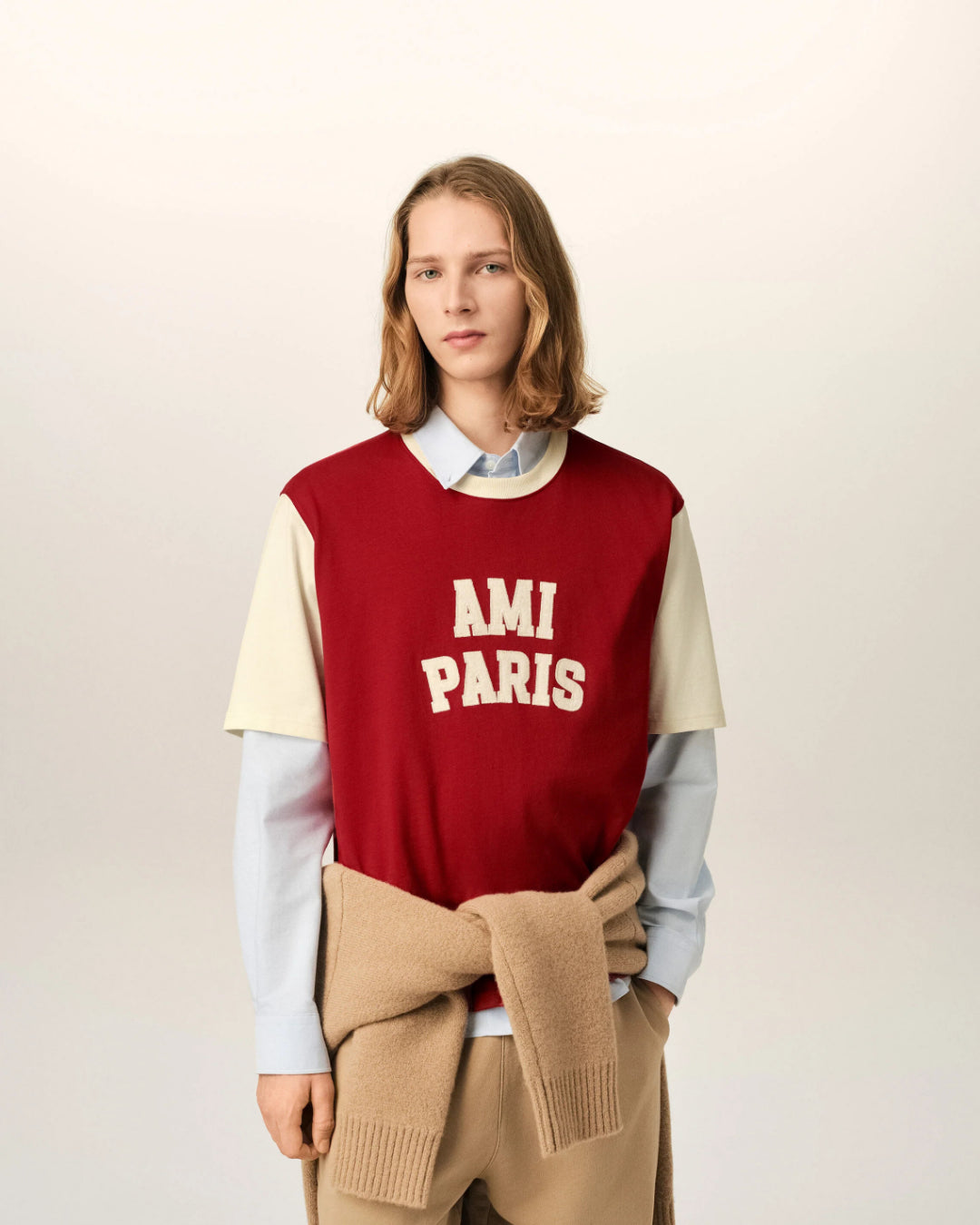 Camiseta Ami Paris Felt Embroidery<BR/> UTS418 JE0272 A202 RUBY RED/IVORY AMI PARIS