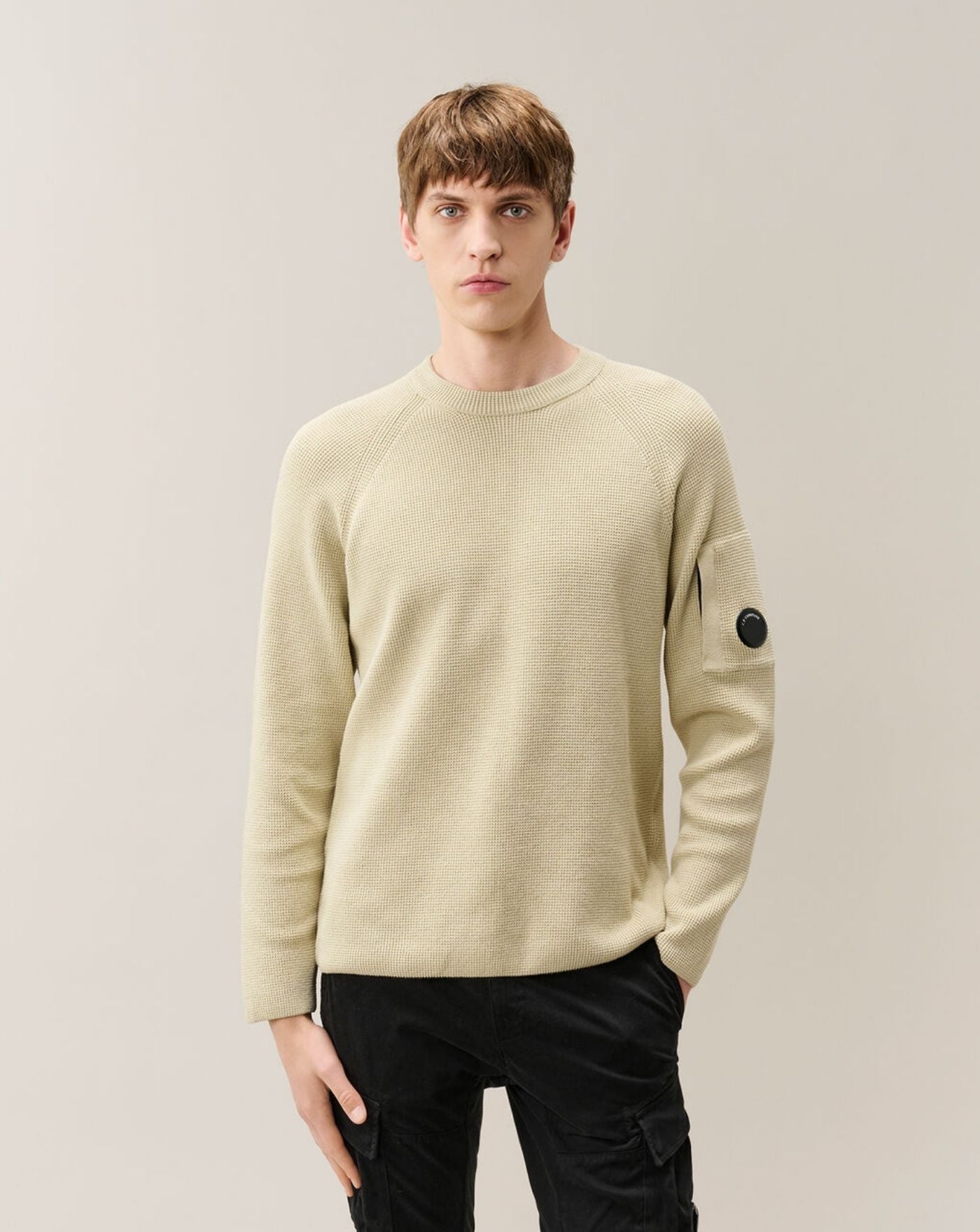 Jersey C.P. Company Waffle Knit Cotton Lens Crewneck Sweater<BR/> 21CMKN057A110754A 120 C.P. COMPANY