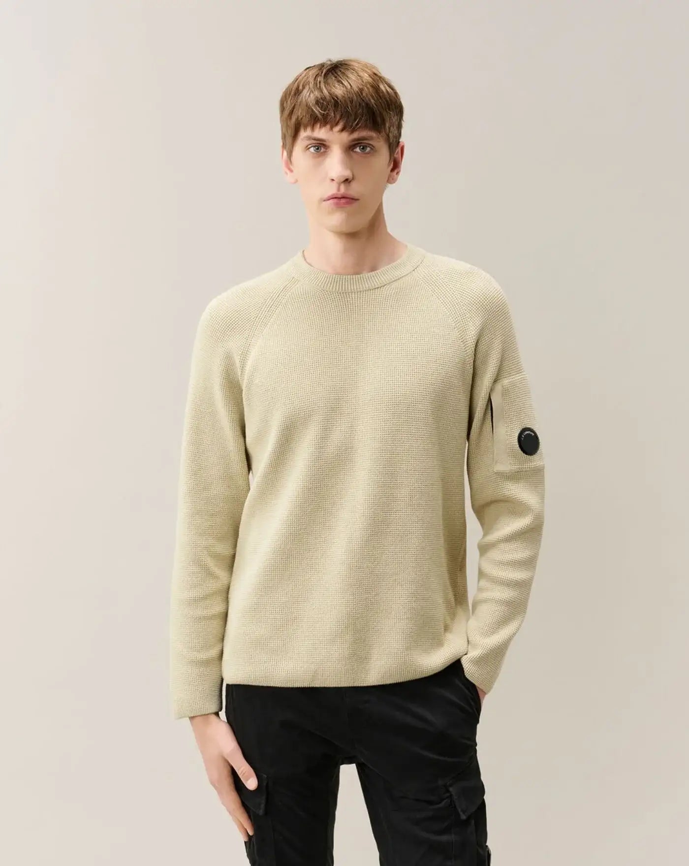 Jersey C.P. Company Waffle Knit Cotton Lens Crewneck Sweater<BR/> 21CMKN057A110754A 120 C.P. COMPANY