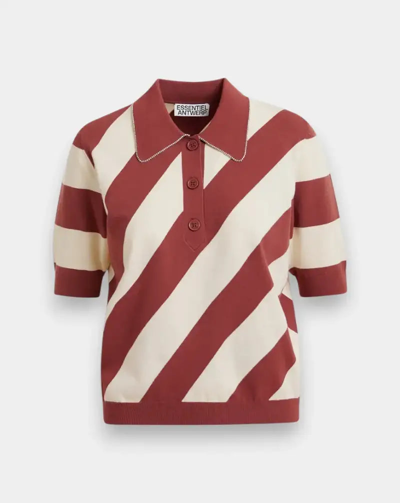 Top Essentiel Antwerp Joram Striped Knit Polo JORAM J3DTDUSTY TAWNY ESSENTIEL ANTWERP