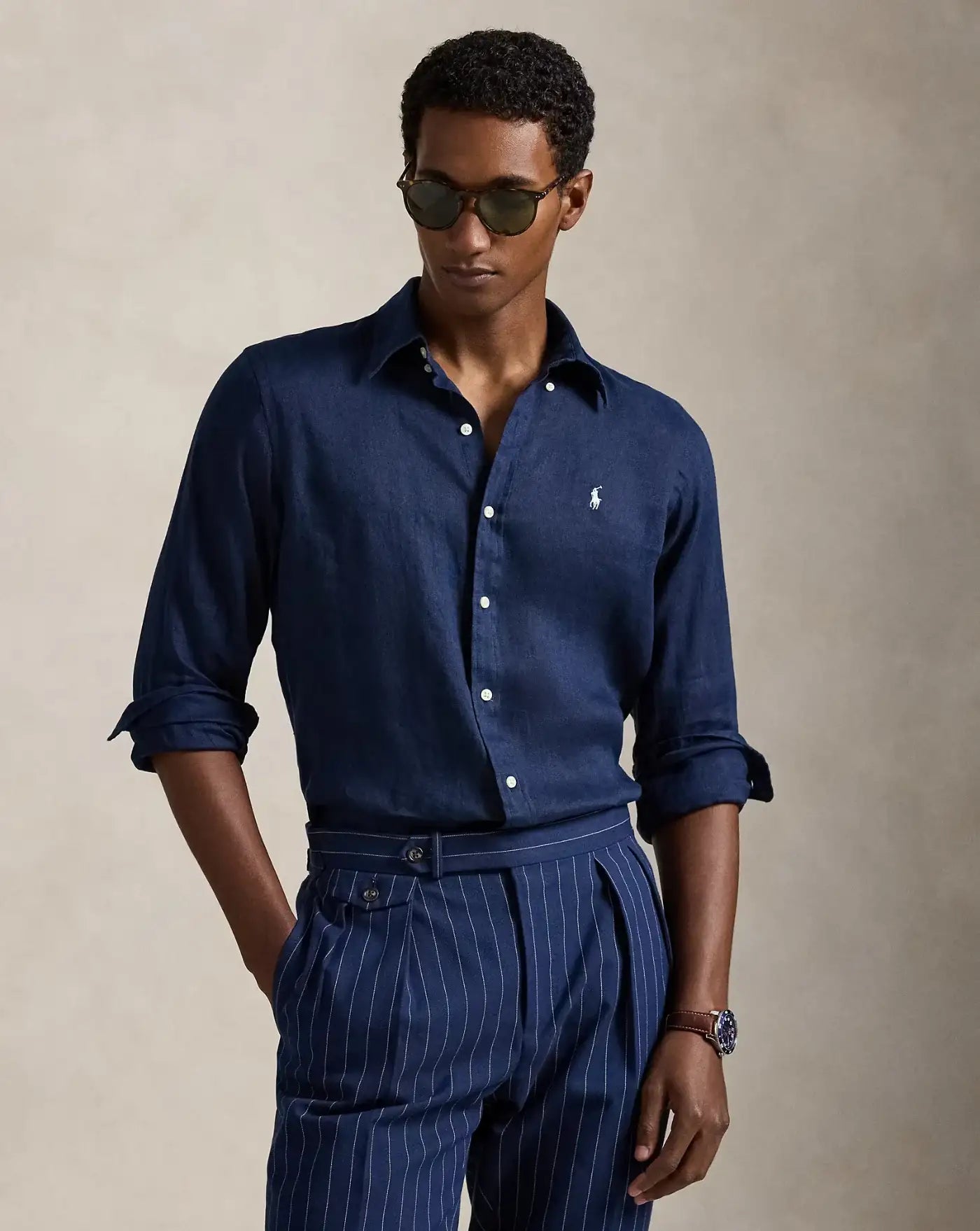 Camisa Polo Ralph Lauren Linen 710966294504 NEWPORT NAVY W/ WHITE PP POLO RALPH LAUREN