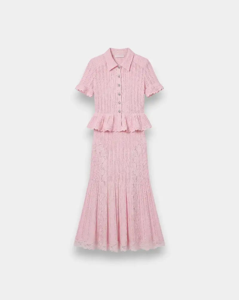 Vestido Self Portrait Pink Pointelle Peplum Knit Midi Dress SS26049MP PINK SELF-PORTRAIT
