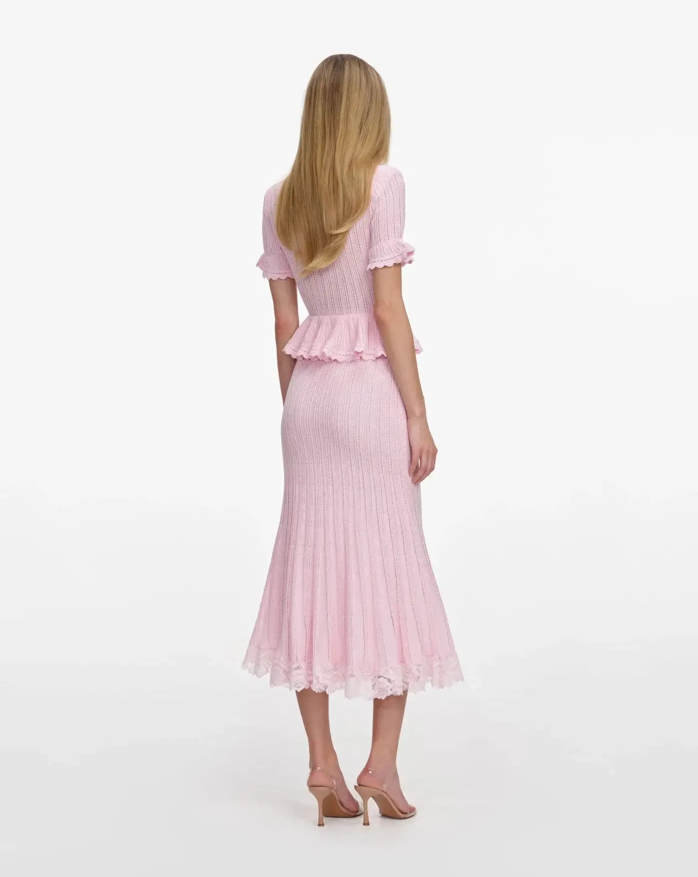 Vestido Self Portrait Pink Pointelle Peplum Knit Midi Dress SS26049MP PINK SELF-PORTRAIT