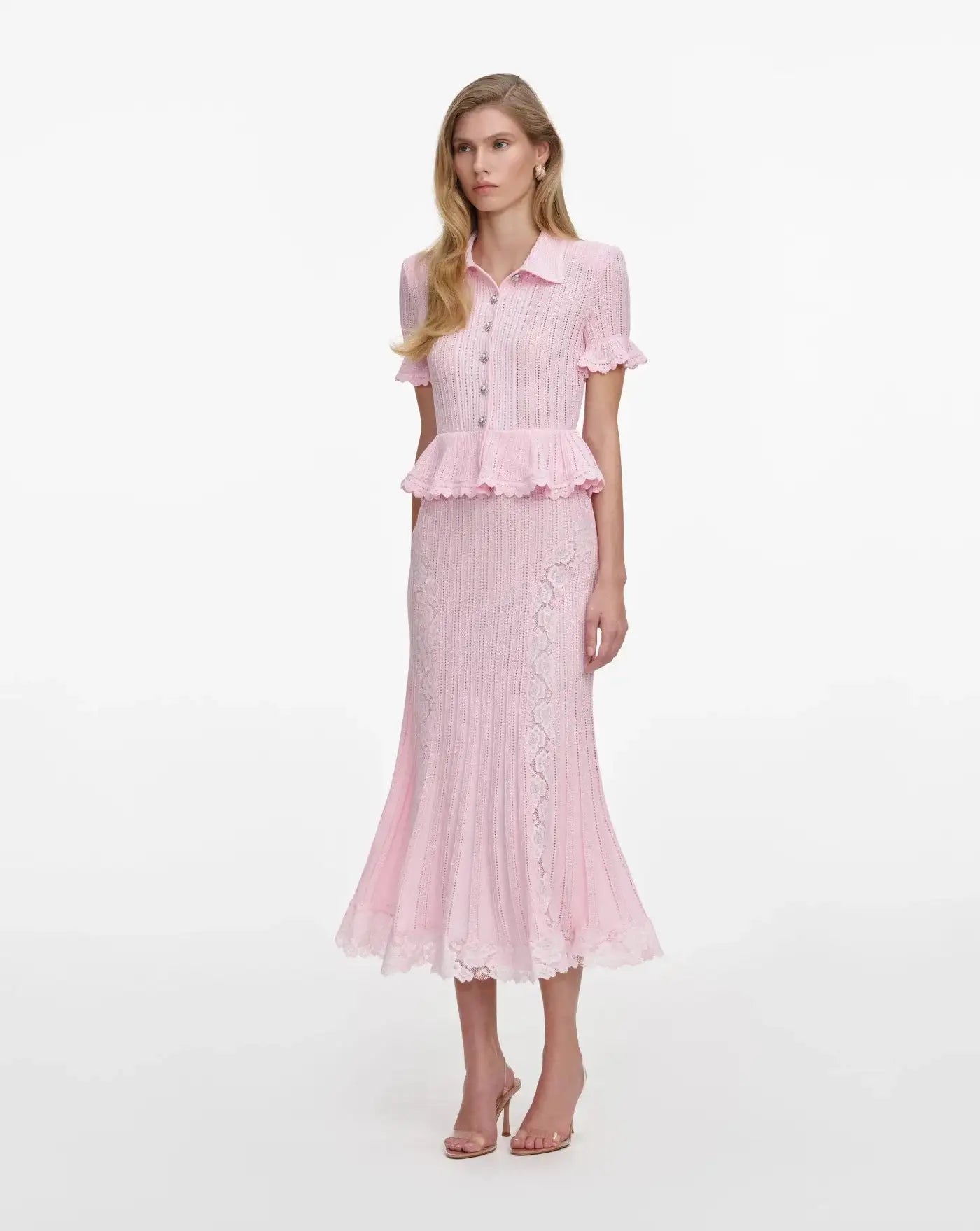 Vestido Self Portrait Pink Pointelle Peplum Knit Midi Dress SS26049MP PINK SELF-PORTRAIT