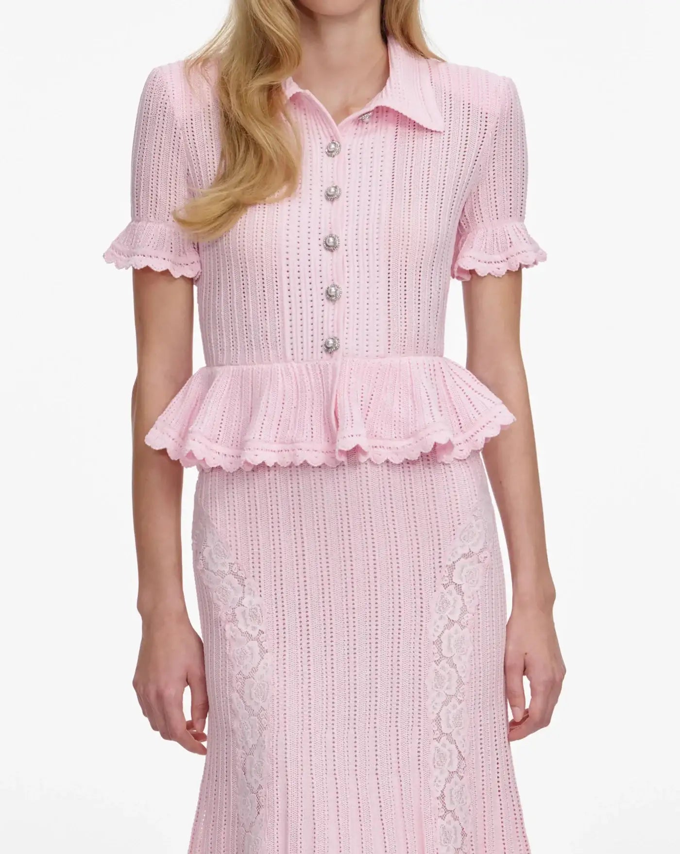 Vestido Self Portrait Pink Pointelle Peplum Knit Midi Dress SS26049MP PINK SELF-PORTRAIT
