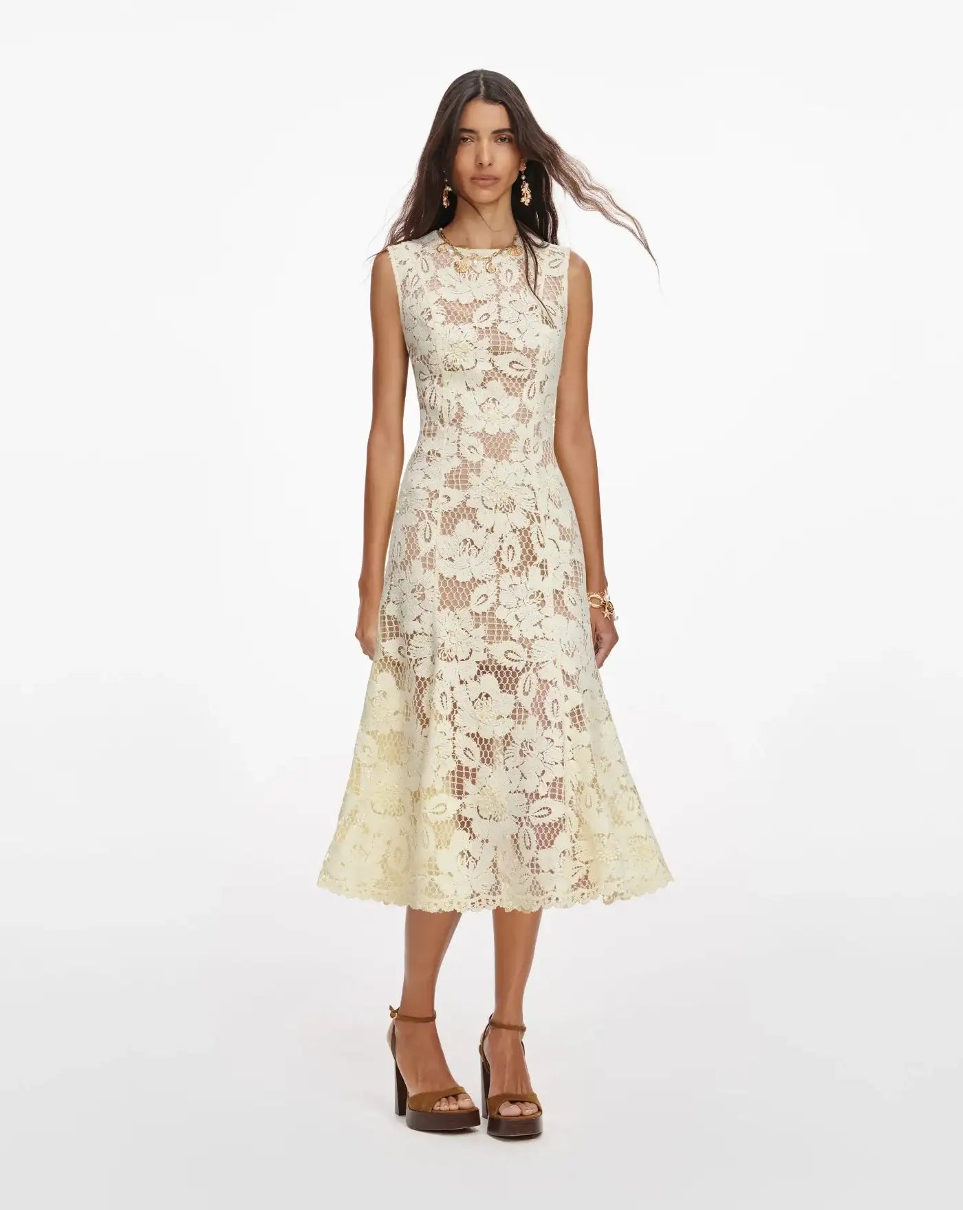 Vestido Self Portrait Yellow Crochet Lace Midi Dress SS26094MY YELLOW SELF-PORTRAIT