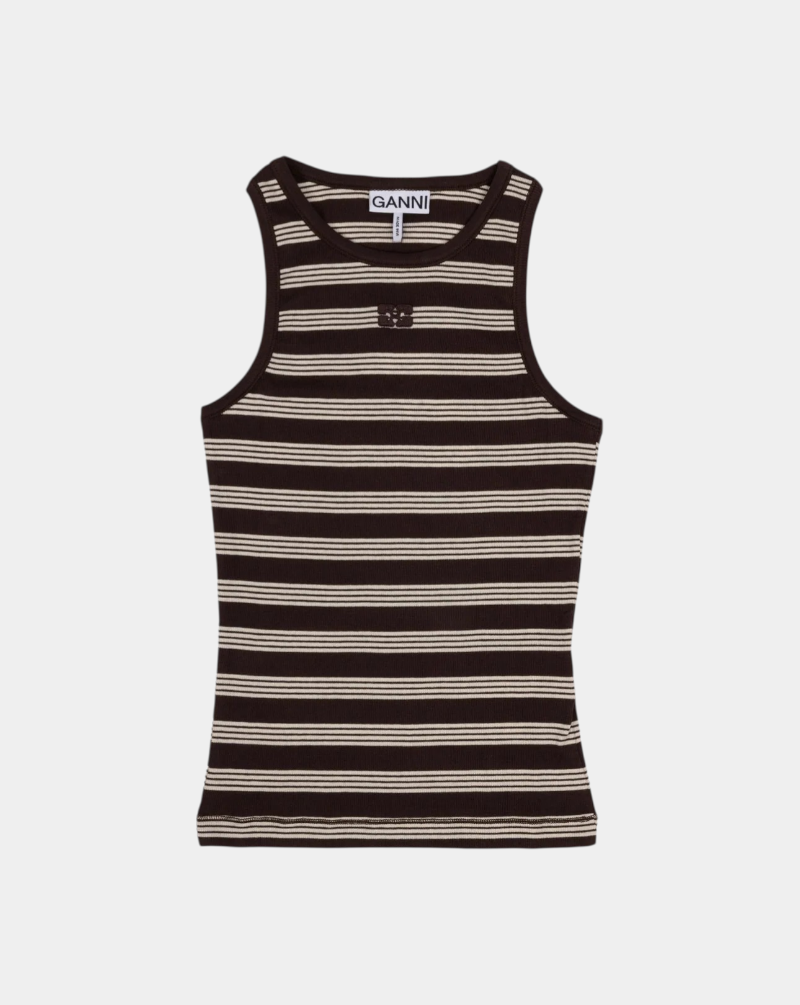 Top Ganni Soft Cotton Rib Tank Top Stripe A1050192 897BROWN GANNI