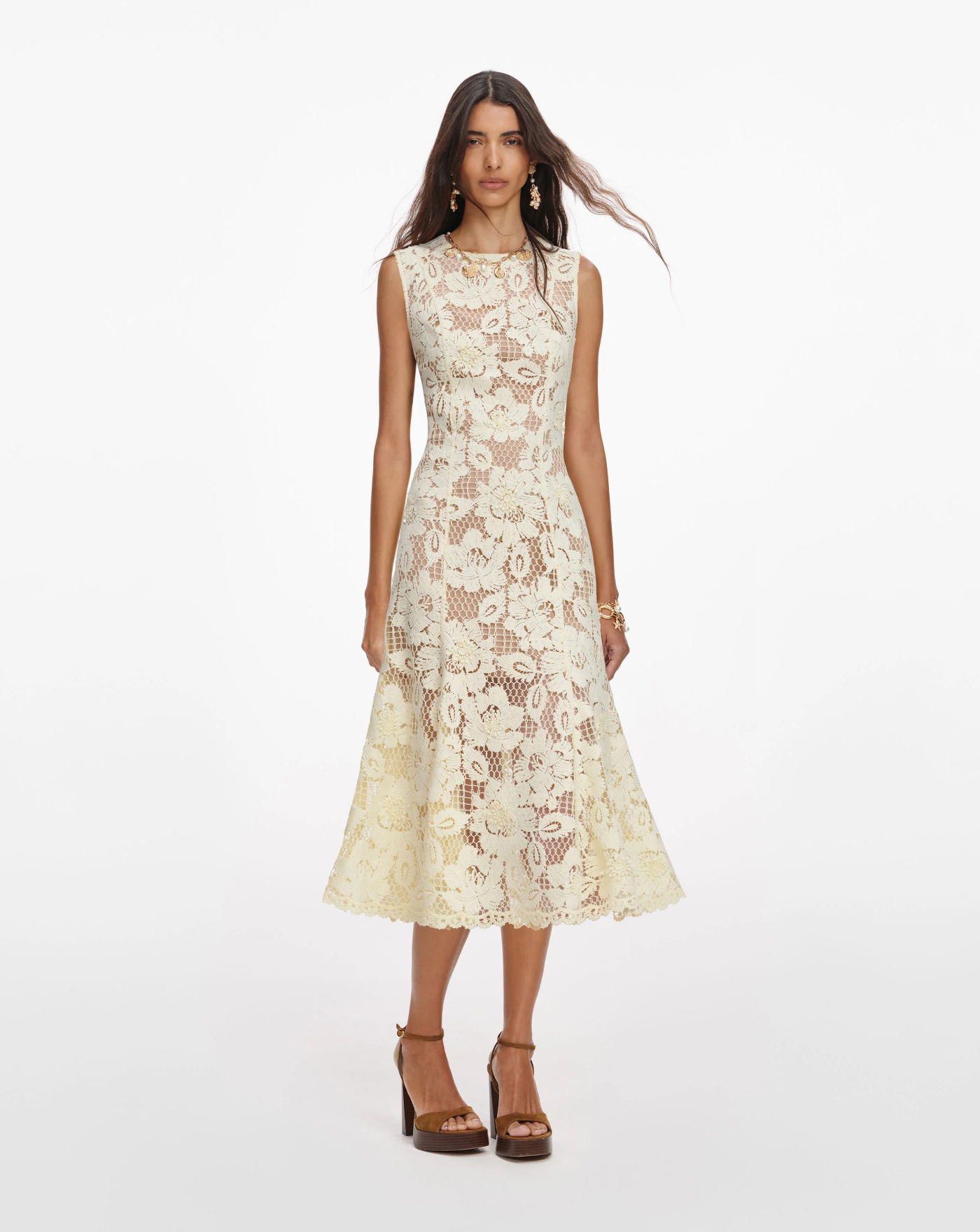 Vestido Self Portrait Yellow Crochet Lace Midi Dress SS26094MY YELLOW SELF-PORTRAIT