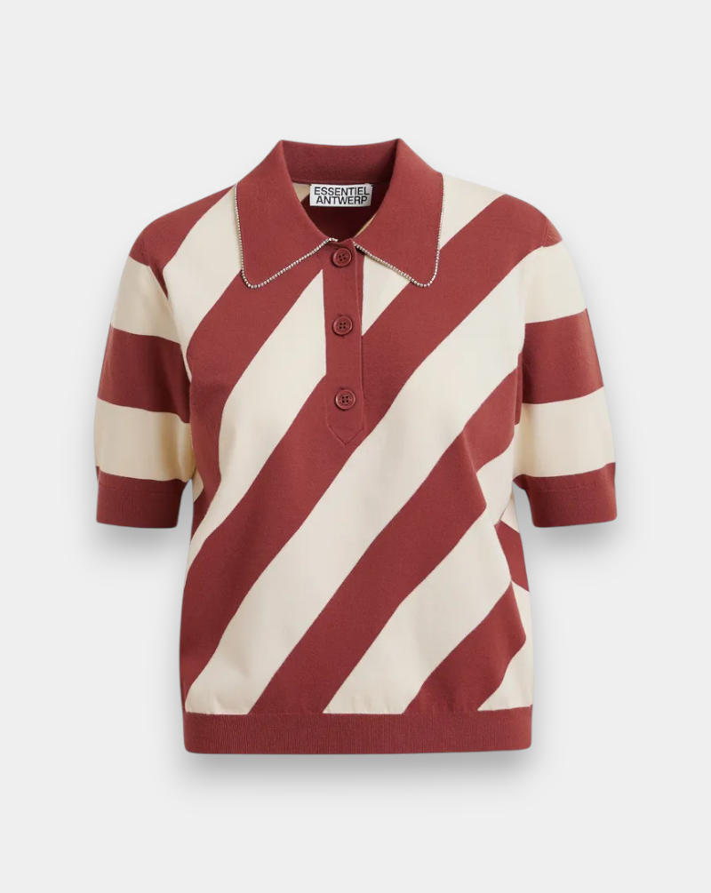 Top Essentiel Antwerp Joram Striped Knit Polo JORAM J3DTDUSTY TAWNY ESSENTIEL ANTWERP