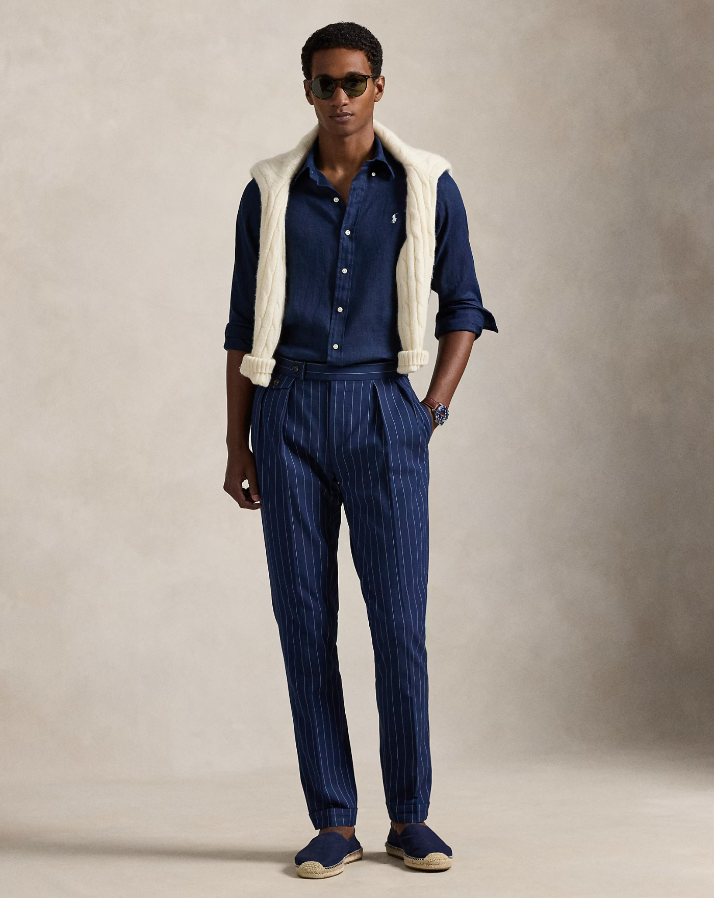 Camisa Polo Ralph Lauren Linen 710966294504 NEWPORT NAVY W/ WHITE PP POLO RALPH LAUREN