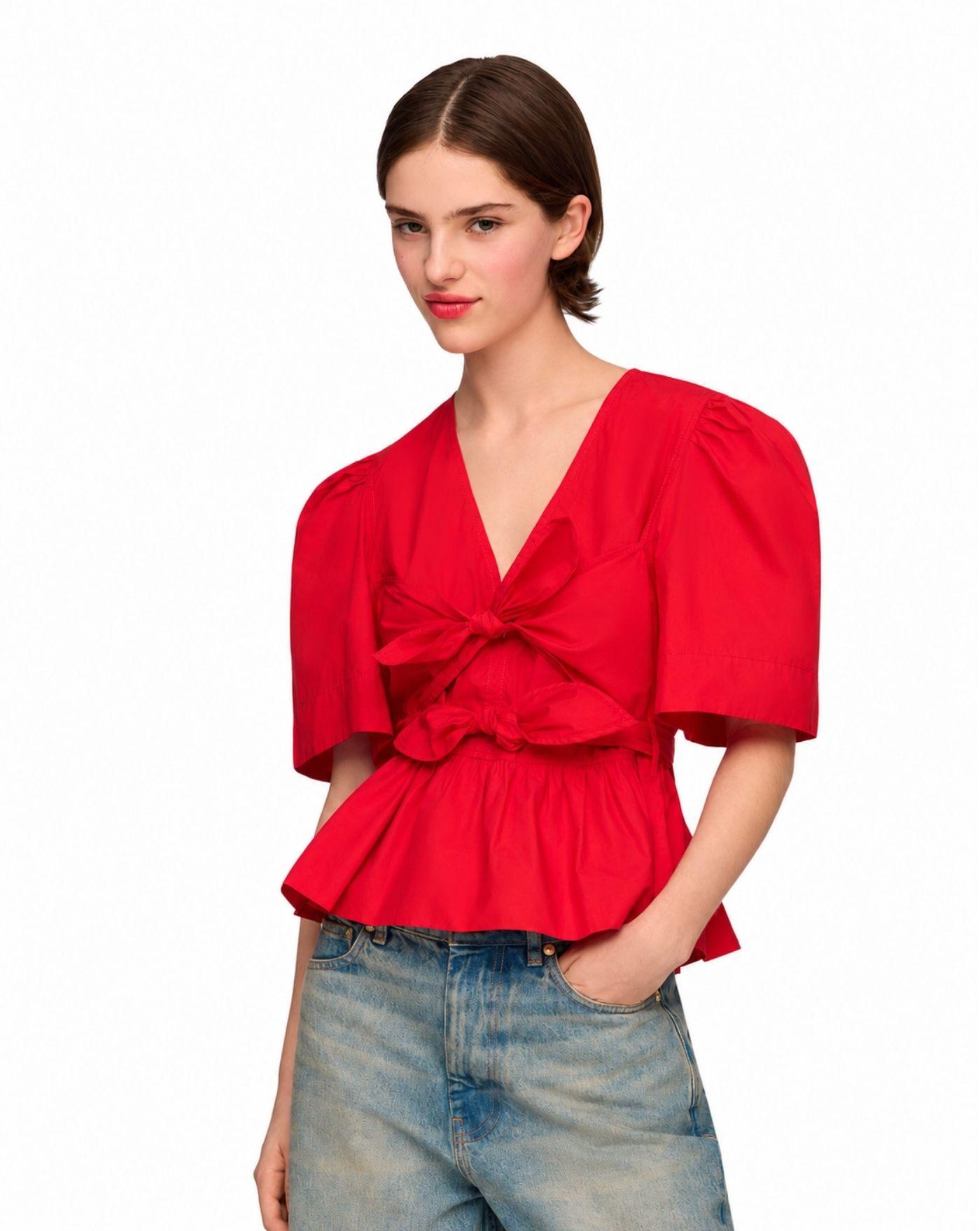 Blusa Cotton Poplin Bow Blouse<BR/> A1040485 474 GANNI
