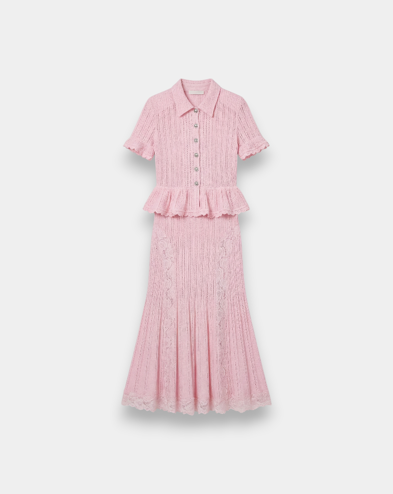 Vestido Self Portrait Pink Pointelle Peplum Knit Midi Dress SS26049MP PINK SELF-PORTRAIT