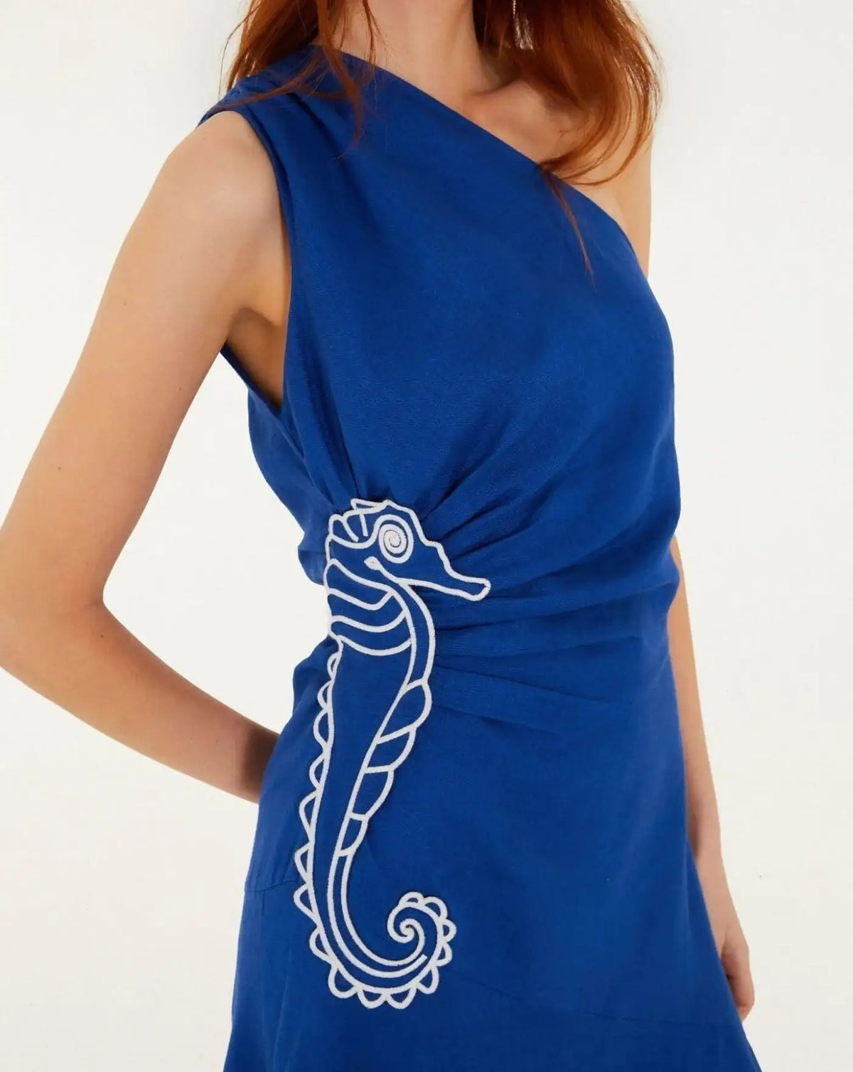 Vestido Farm Rio Seahorse Blue Embroider One Shoulder 356490 BLUE FARM RIO