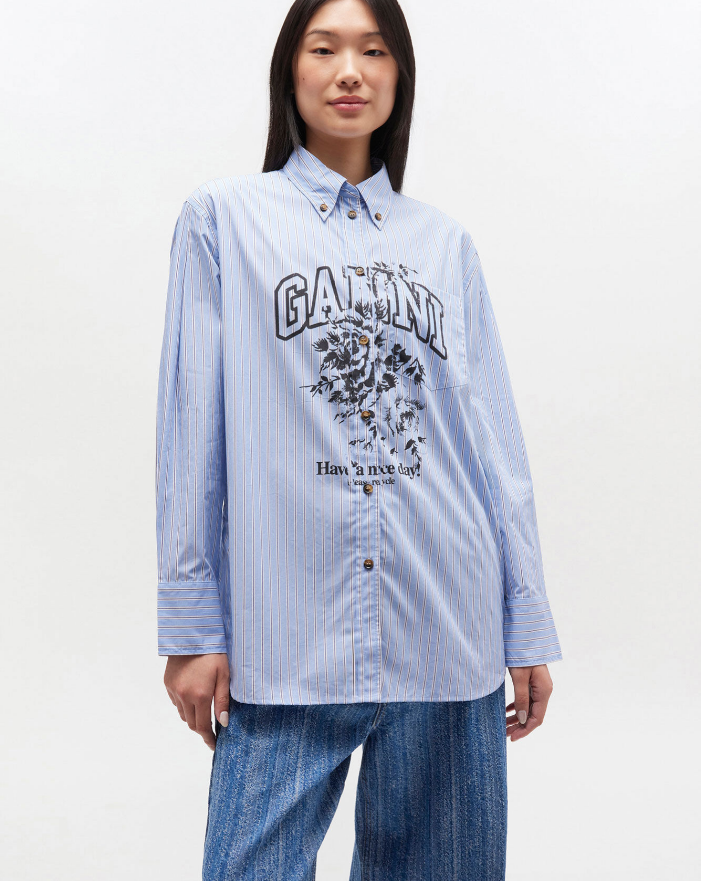 Camisa Ganni Stripe Cotton Oversized Shirt W0826 01M GANNI