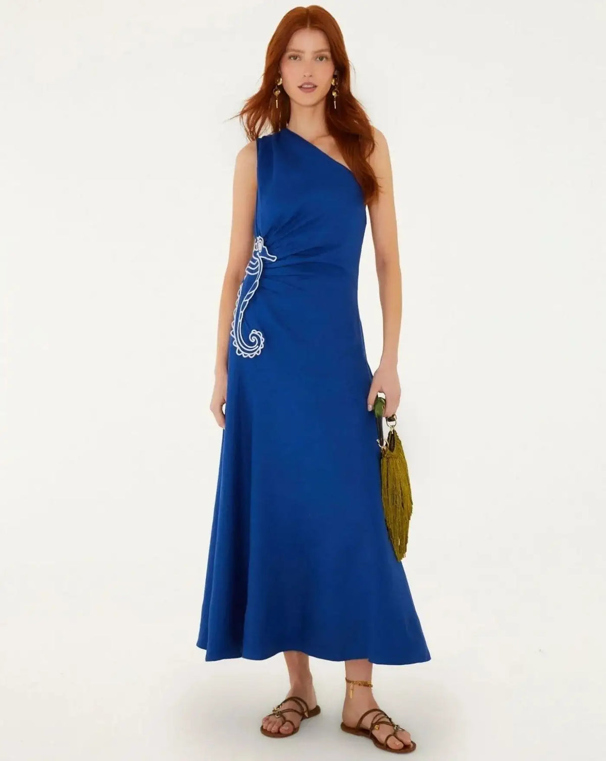 Vestido Farm Rio Seahorse Blue Embroider One Shoulder 356490 BLUE FARM RIO