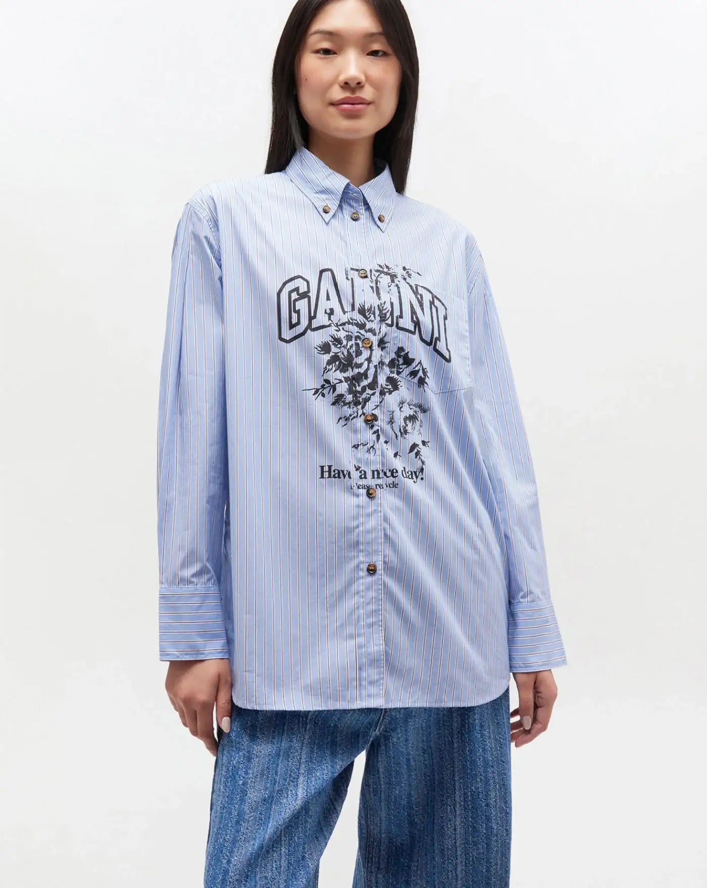 Camisa Ganni Stripe Cotton Oversized Shirt W0826 01M GANNI