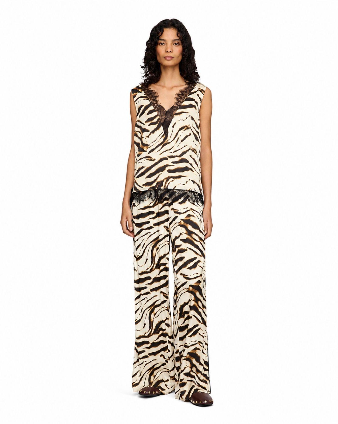 Top Ganni Printed Stretch Satin V-neck Lace Slip<BR/> A1040399 135 GANNI