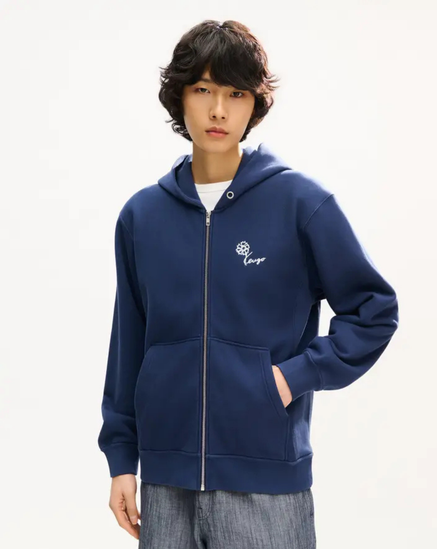Sudadera con capucha y cremallera de algodón bordada 'KENZO Tulip'<BR/><BR/> FG65HO2714MJ 79 BLUE BLACK KENZO
