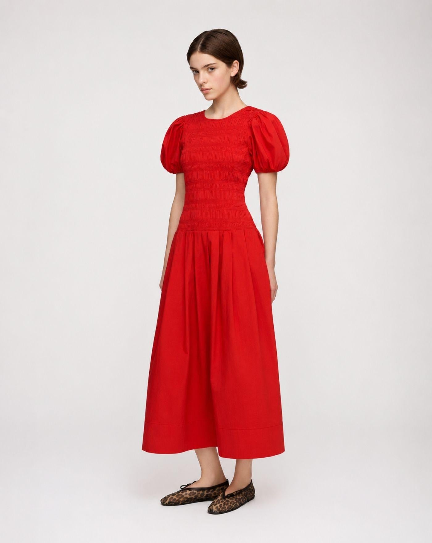 Vestido Ganni Stretch Cotton Long Smocked Pleated Dress A1030546 06P GANNI