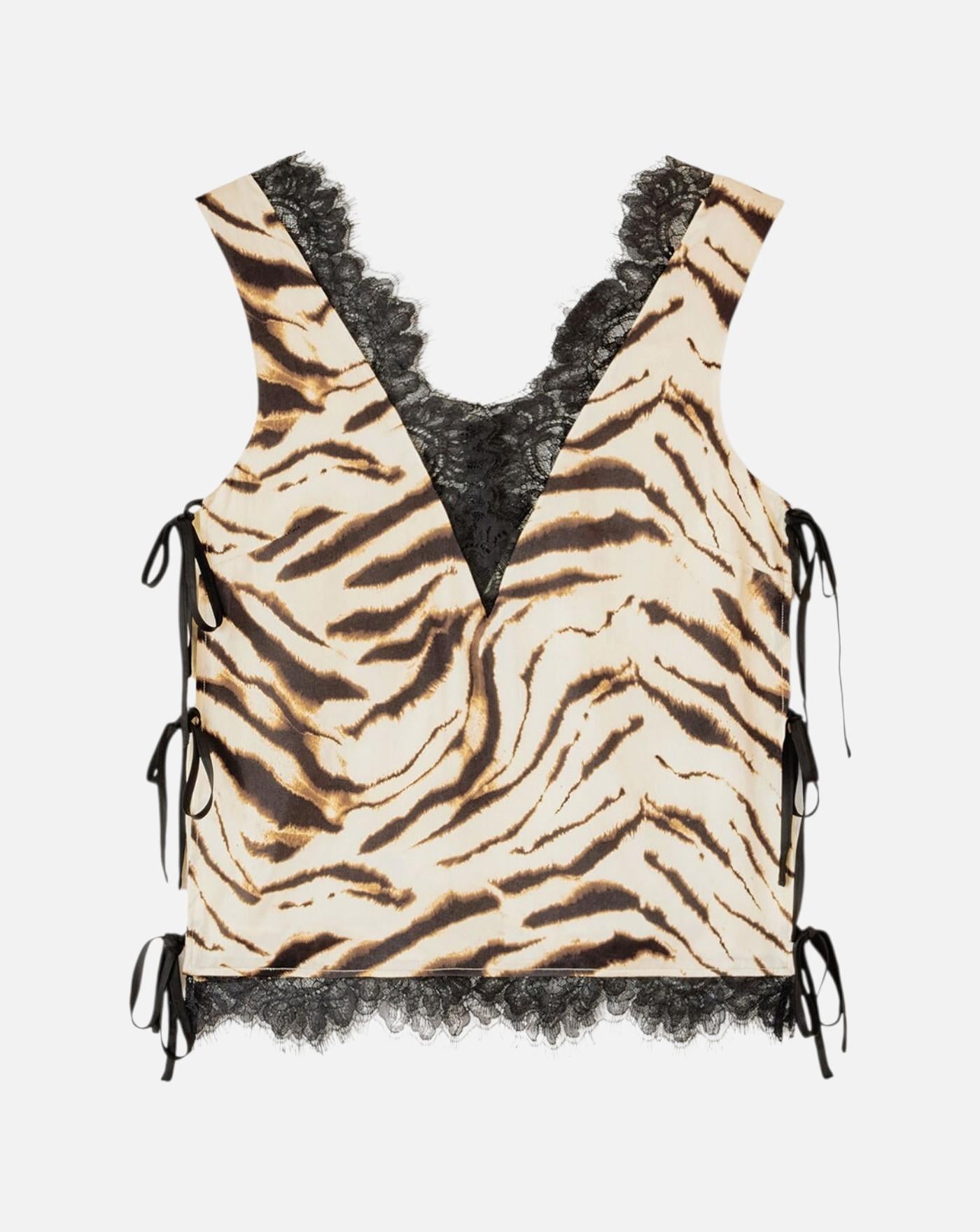 Top Ganni Printed Stretch Satin V-neck Lace Slip<BR/> A1040399 135 GANNI