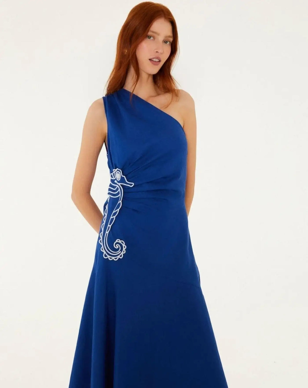 Vestido Farm Rio Seahorse Blue Embroider One Shoulder 356490 BLUE FARM RIO
