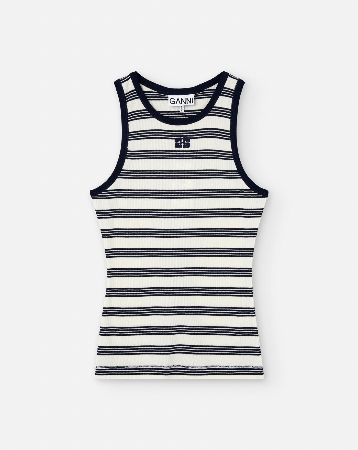 Top Ganni Striped Soft Cotton Rib Tank Top T4144 683 GANNI