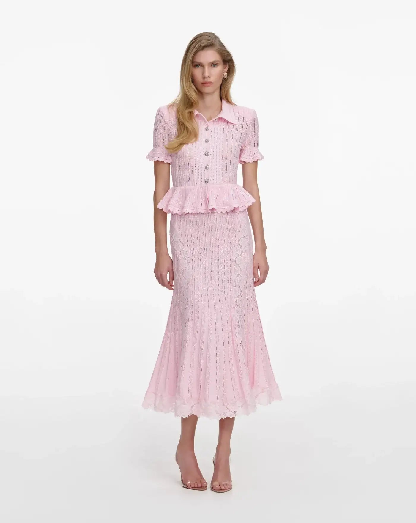 Vestido Self Portrait Pink Pointelle Peplum Knit Midi Dress SS26049MP PINK SELF-PORTRAIT
