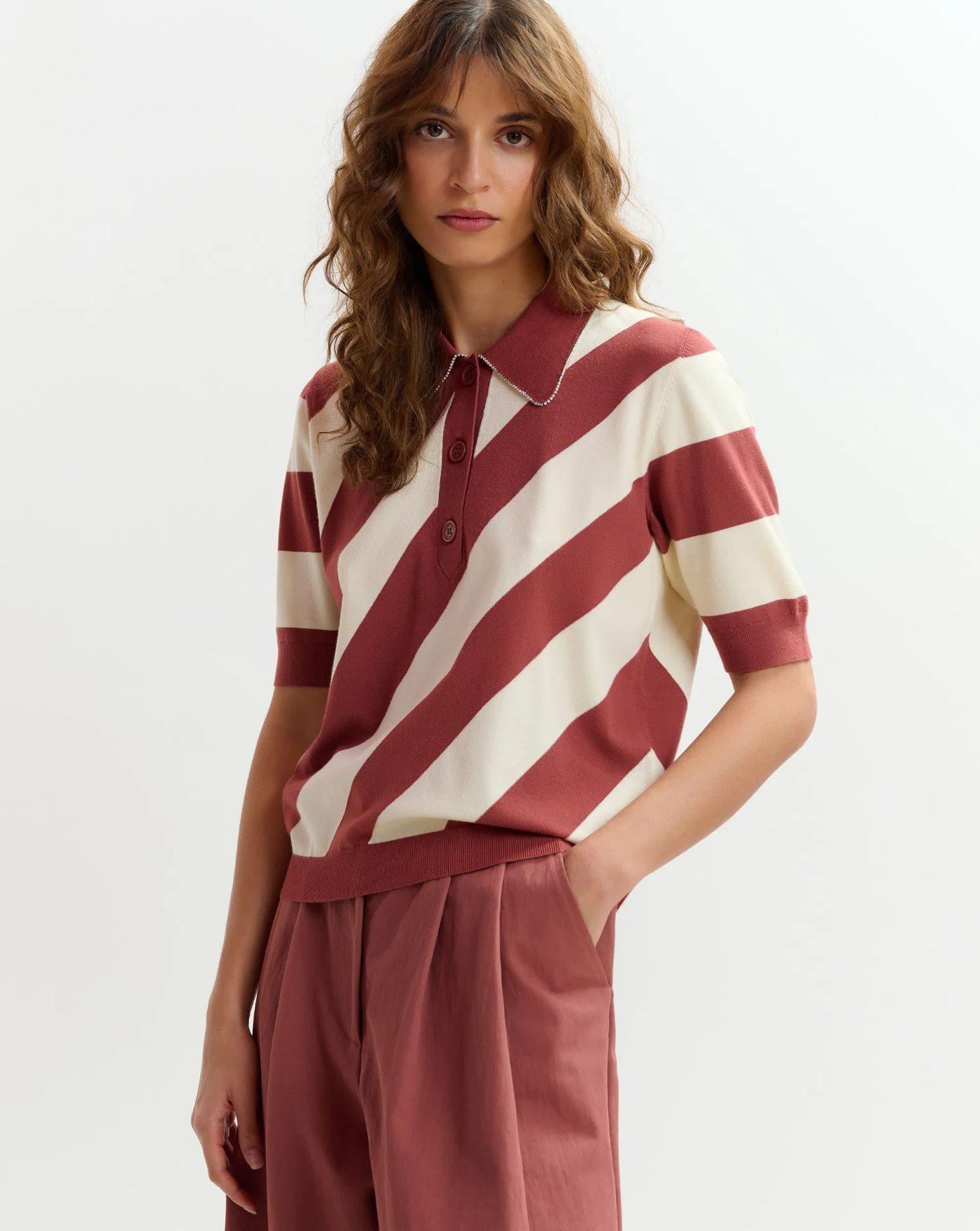 Top Essentiel Antwerp Joram Striped Knit Polo JORAM J3DTDUSTY TAWNY ESSENTIEL ANTWERP